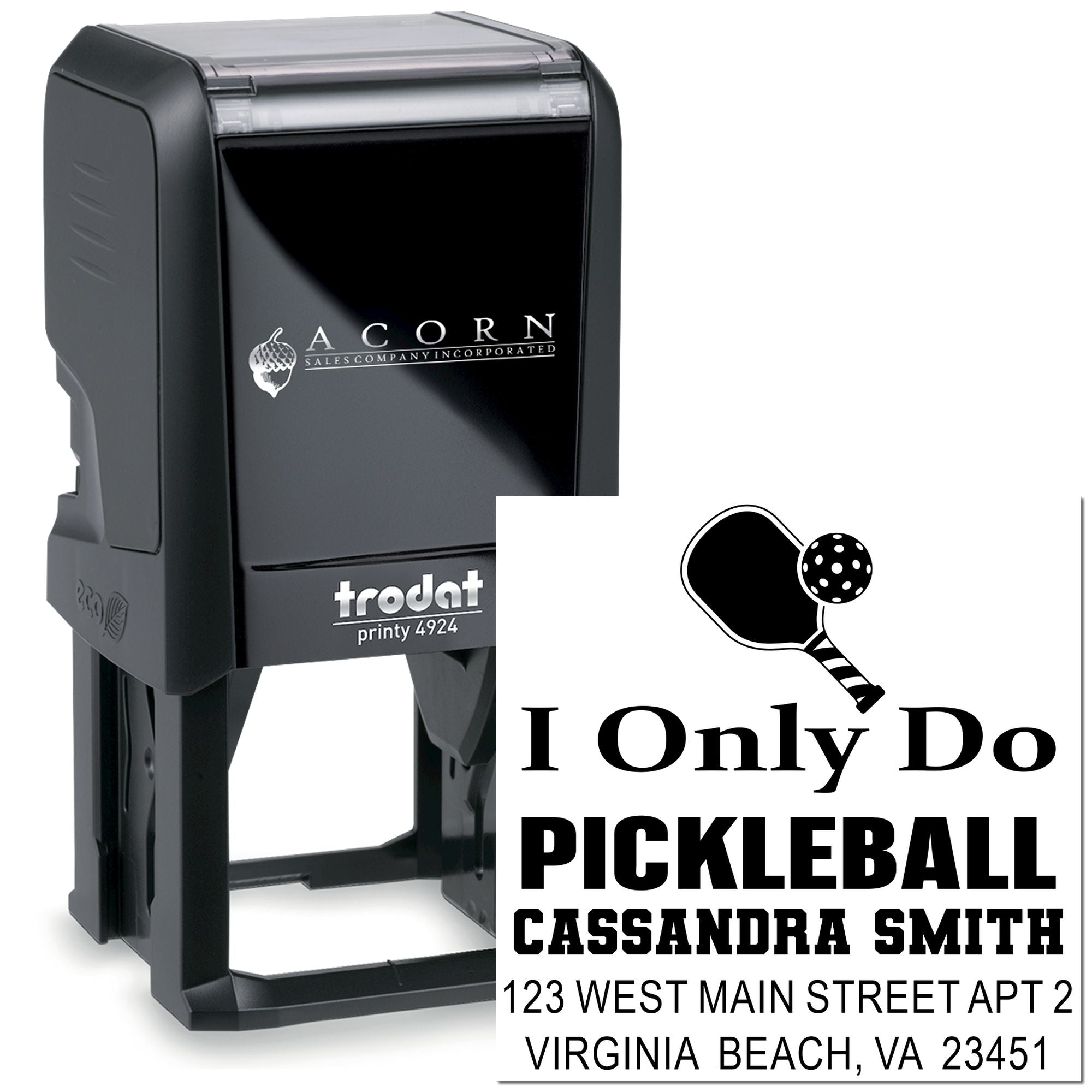 Trodat Printy 4924 custom pickleball self-inking rubber stamp with personalized name, address, and logo.