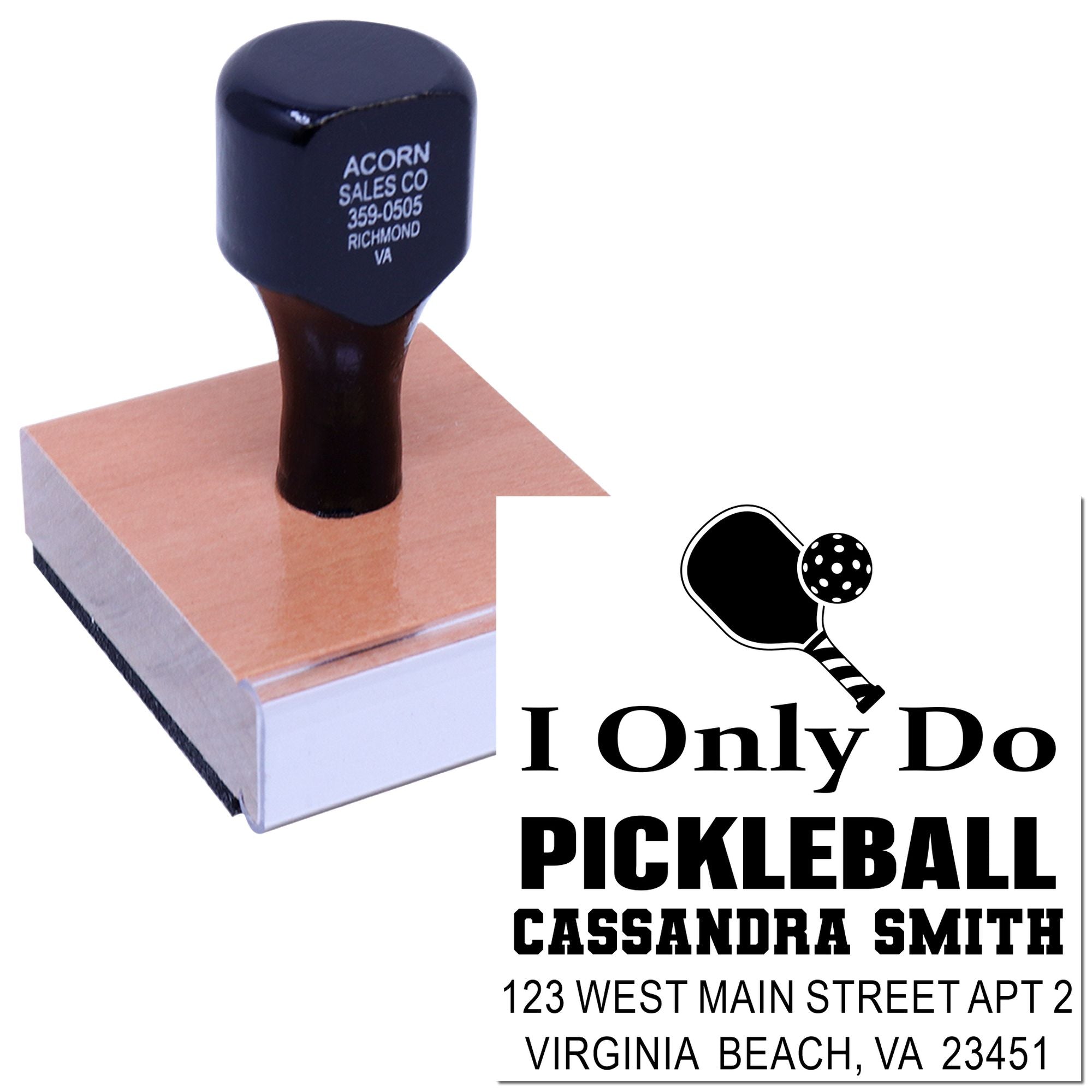 Custom pickleball address rubber stamp with name and mailing address, ideal for personalized sports-themed envelopes.
