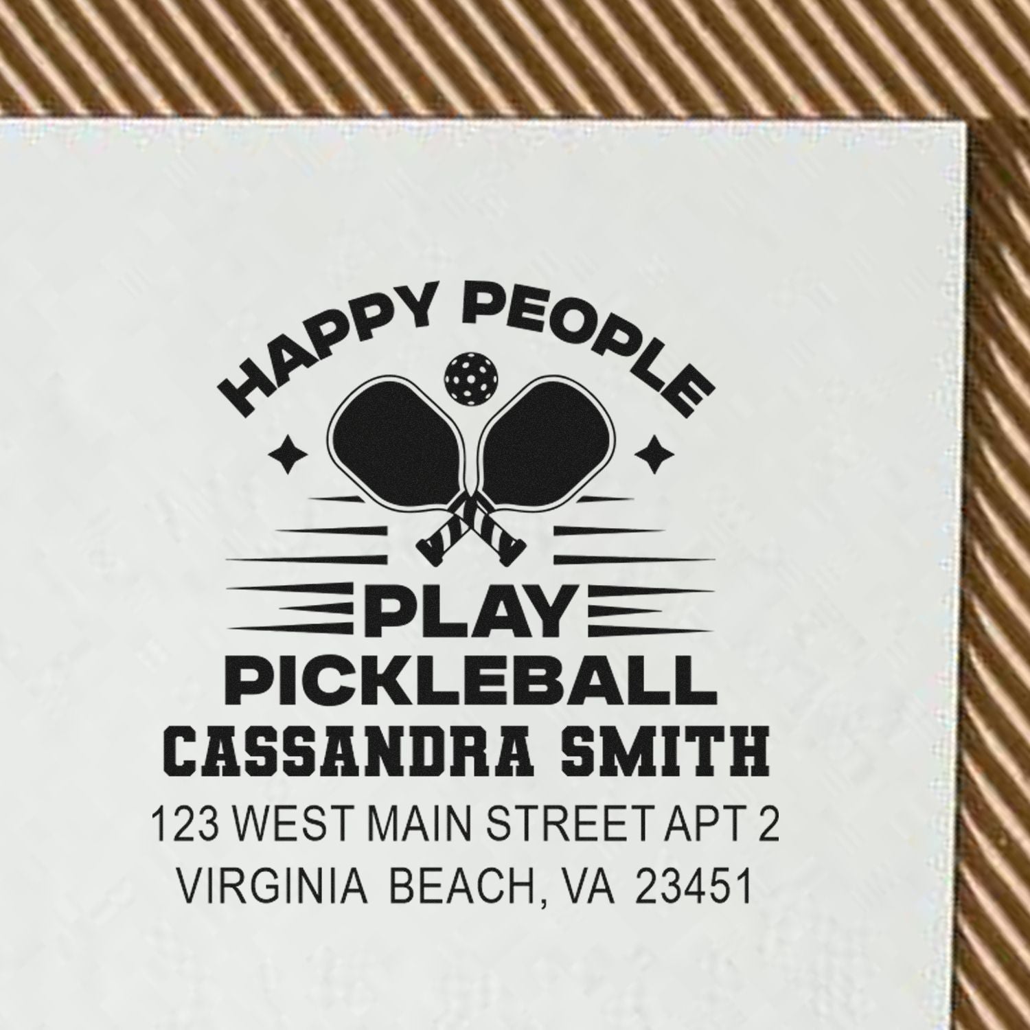 Custom pickleball rubber stamp with Happy People Play Pickleball, personalized name, and address.
