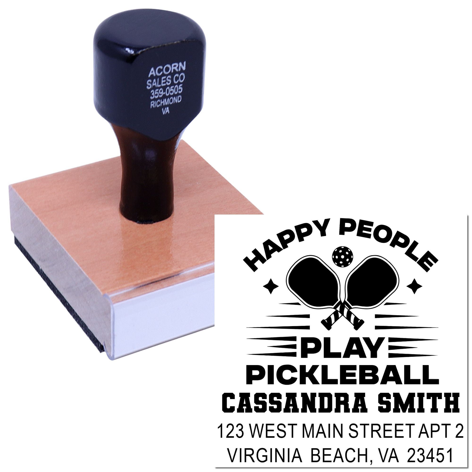 Personalized pickleball return address rubber stamp with Happy People Play design, name, and address.