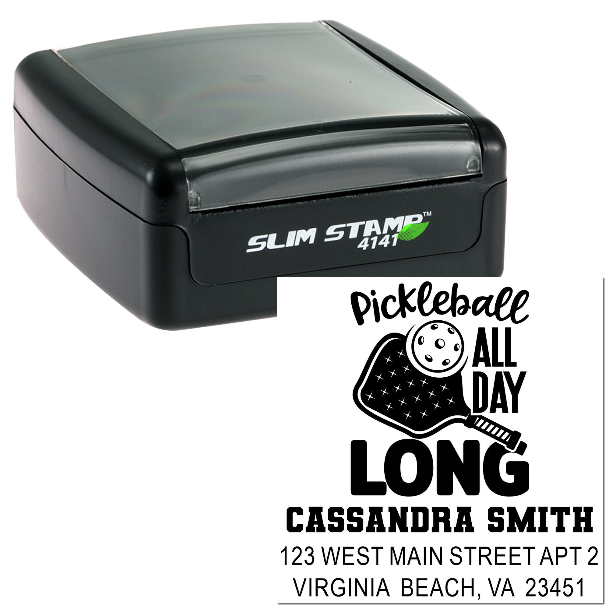 Custom slim rubber stamp with pickleball design, personalized name, and address for mailing, crafting, or sports-themed branding.