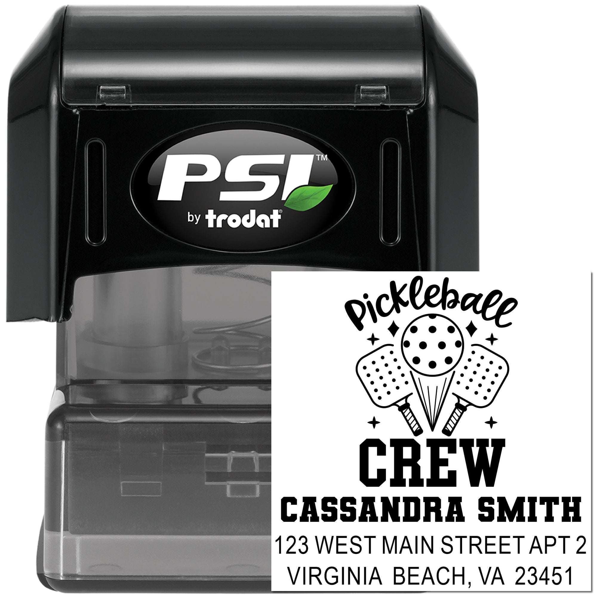 PSI by Trodat self-inking rubber stamp showing custom Pickleball Crew address stamp design for mailing labels.