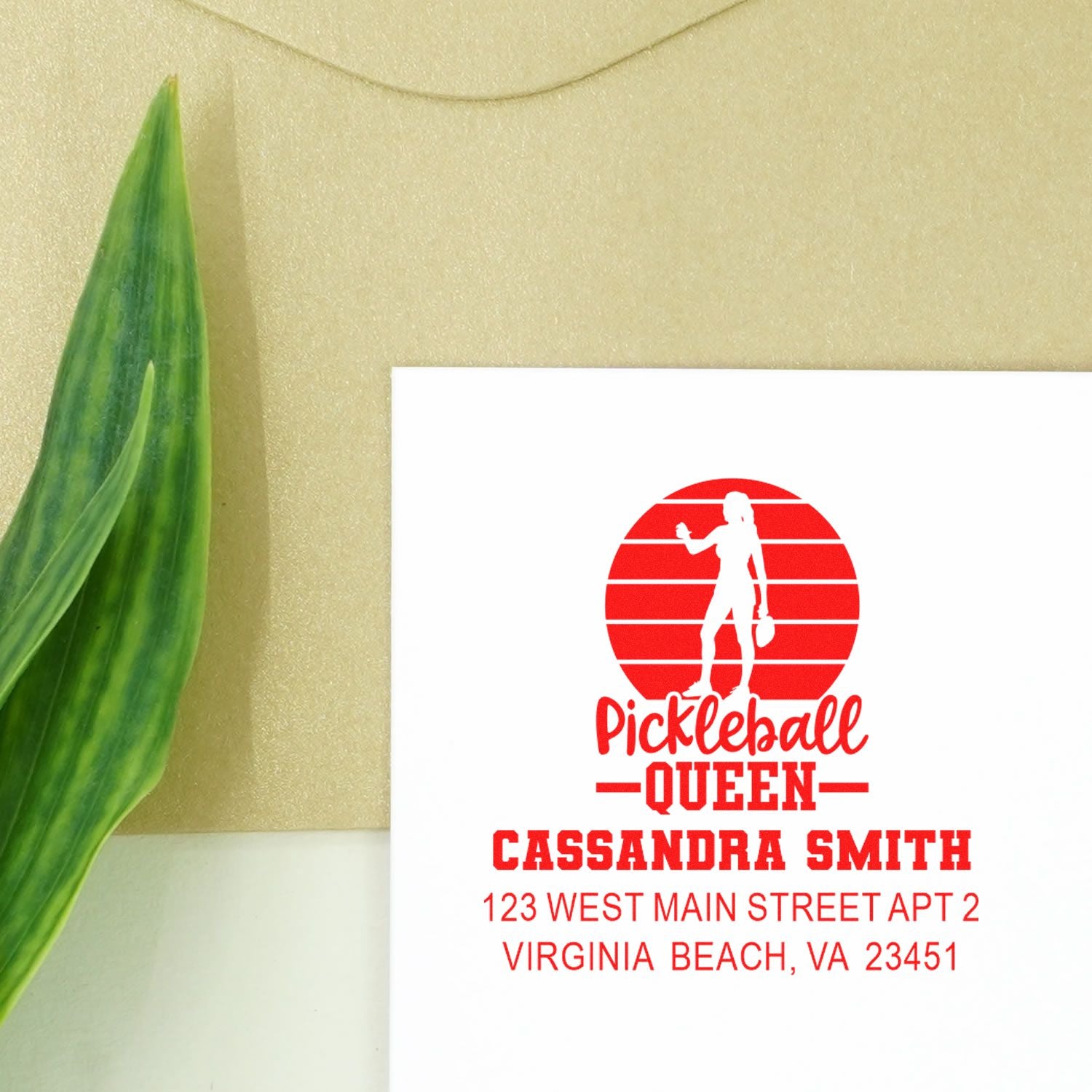 Custom pickleball queen rubber stamp with name and address for personalized mailing and sports fan stationery.