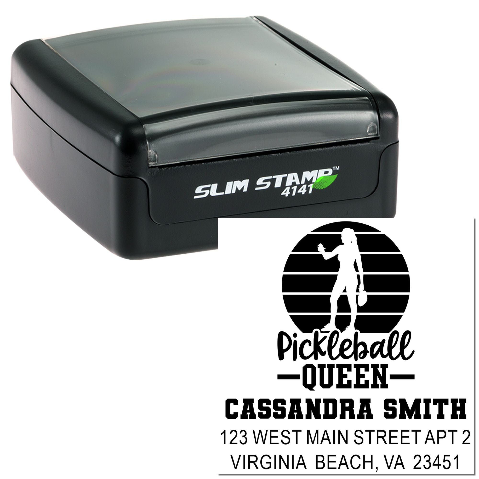 Custom self-inking rubber stamp with Pickleball Queen design, name, and address for personalized mailing.