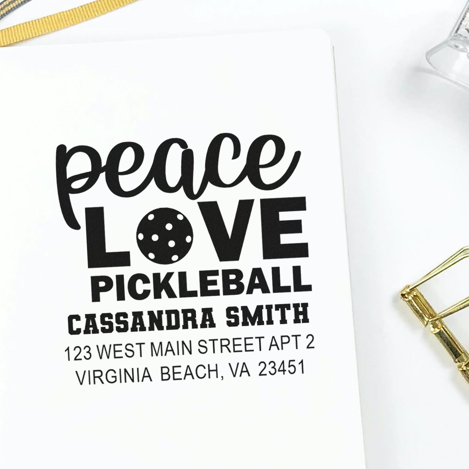 Custom Peace Love Pickleball return address rubber stamp with name and mailing address for personalized mail and gifts.