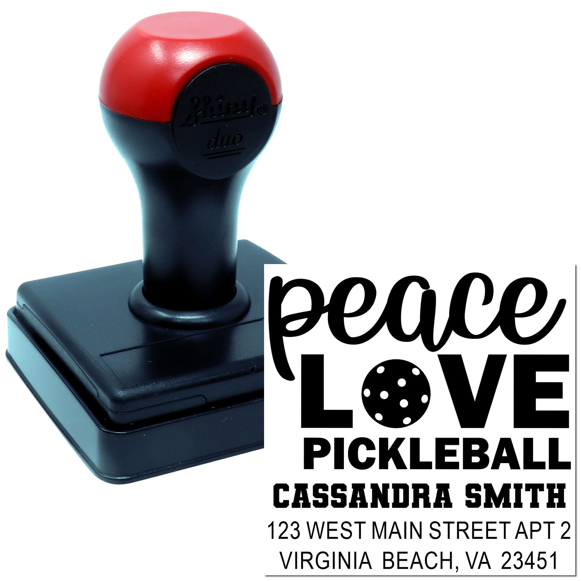 Custom self-inking rubber stamp with Peace Love Pickleball design, name, and Virginia Beach address.