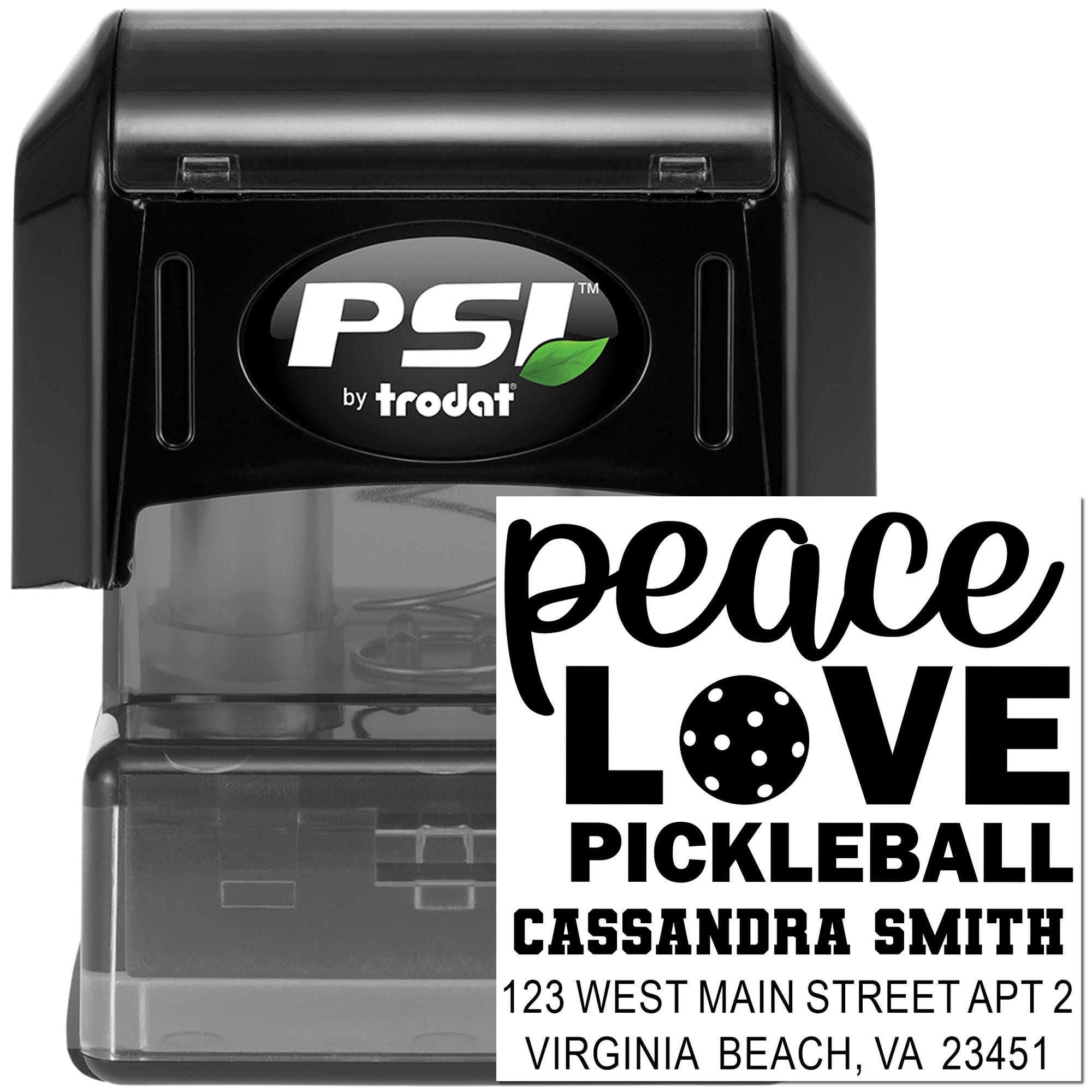 Custom self-inking rubber stamp with Peace Love Pickleball return address design by PSI Trodat.