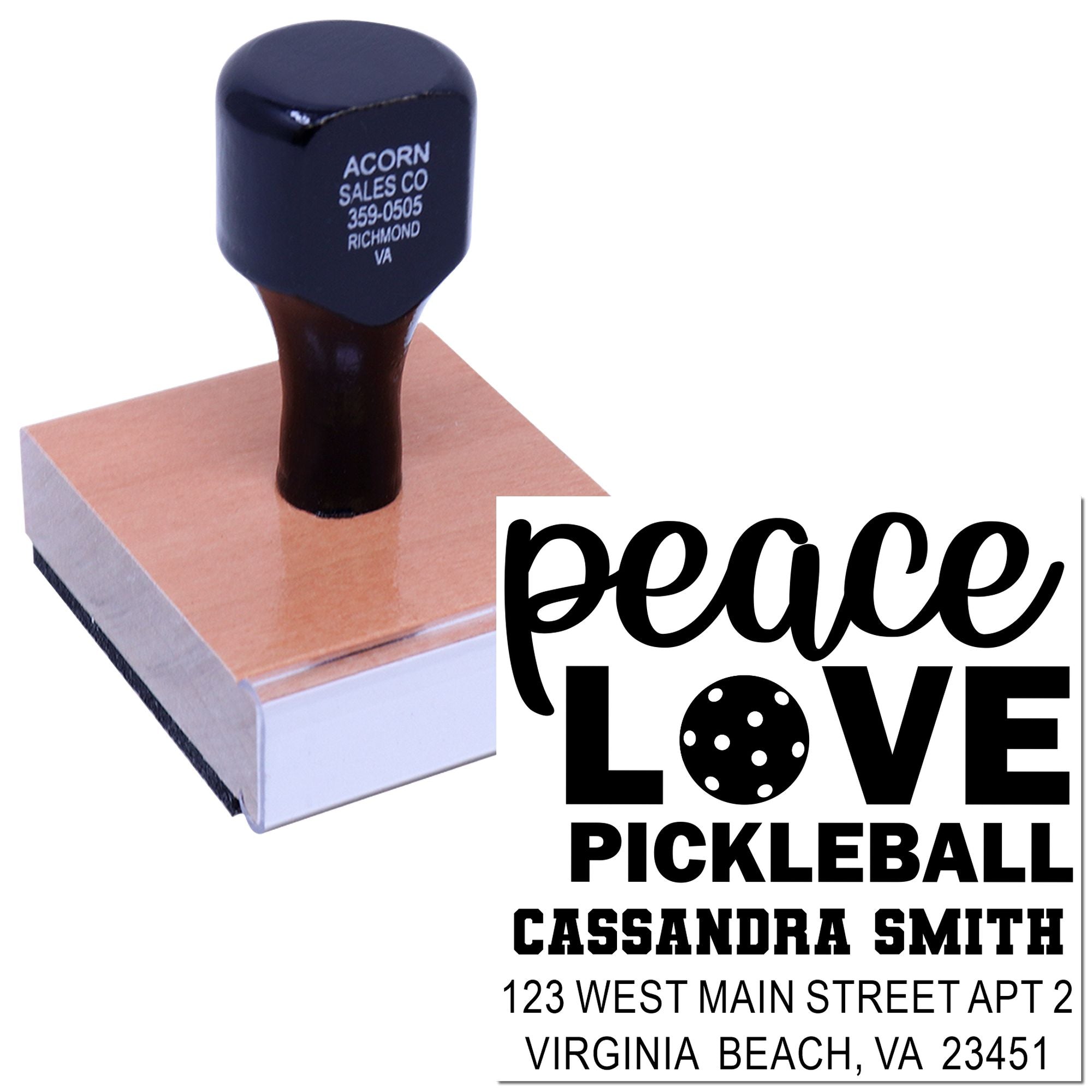 Custom rubber stamp with Peace Love Pickleball design and return address for personalized mailing.