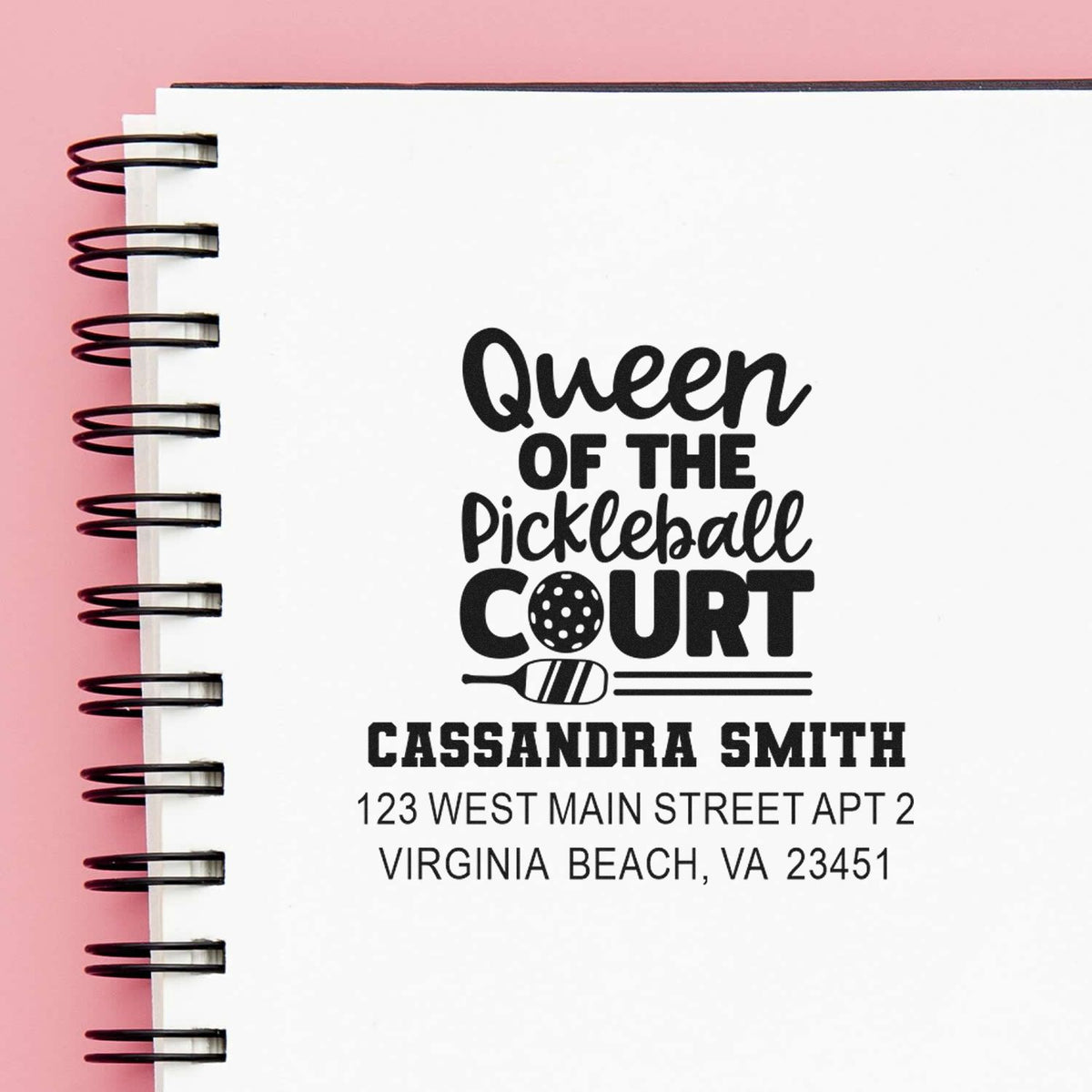 Custom rubber stamp for pickleball lovers, reading Queen of the Pickleball Court with Cassandra Smith address.