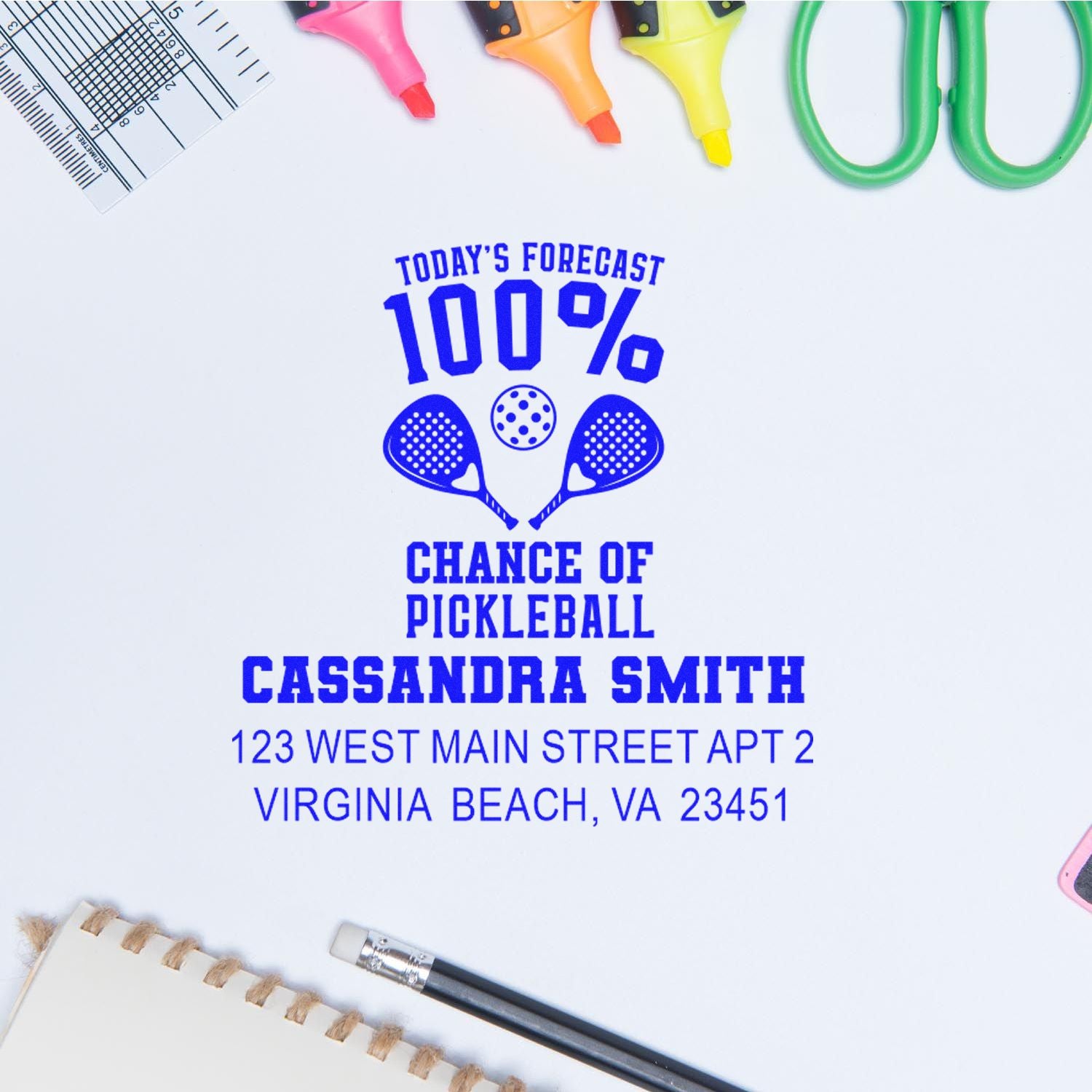 Personalized rubber stamp impression featuring 100% chance of pickleball, Cassandra Smith, and Virginia Beach address.
