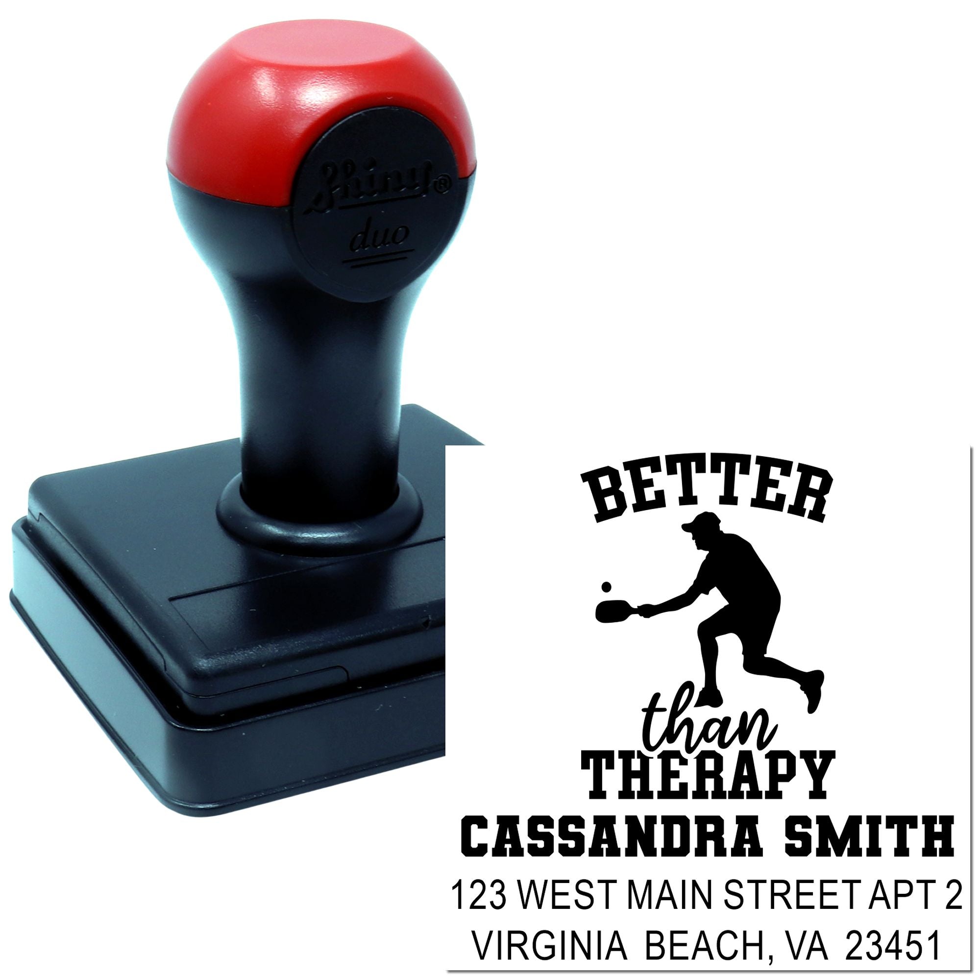 Custom self-inking rubber stamp with Better Than Therapy tennis design, name and address for Cassandra Smith, Virginia Beach, VA.