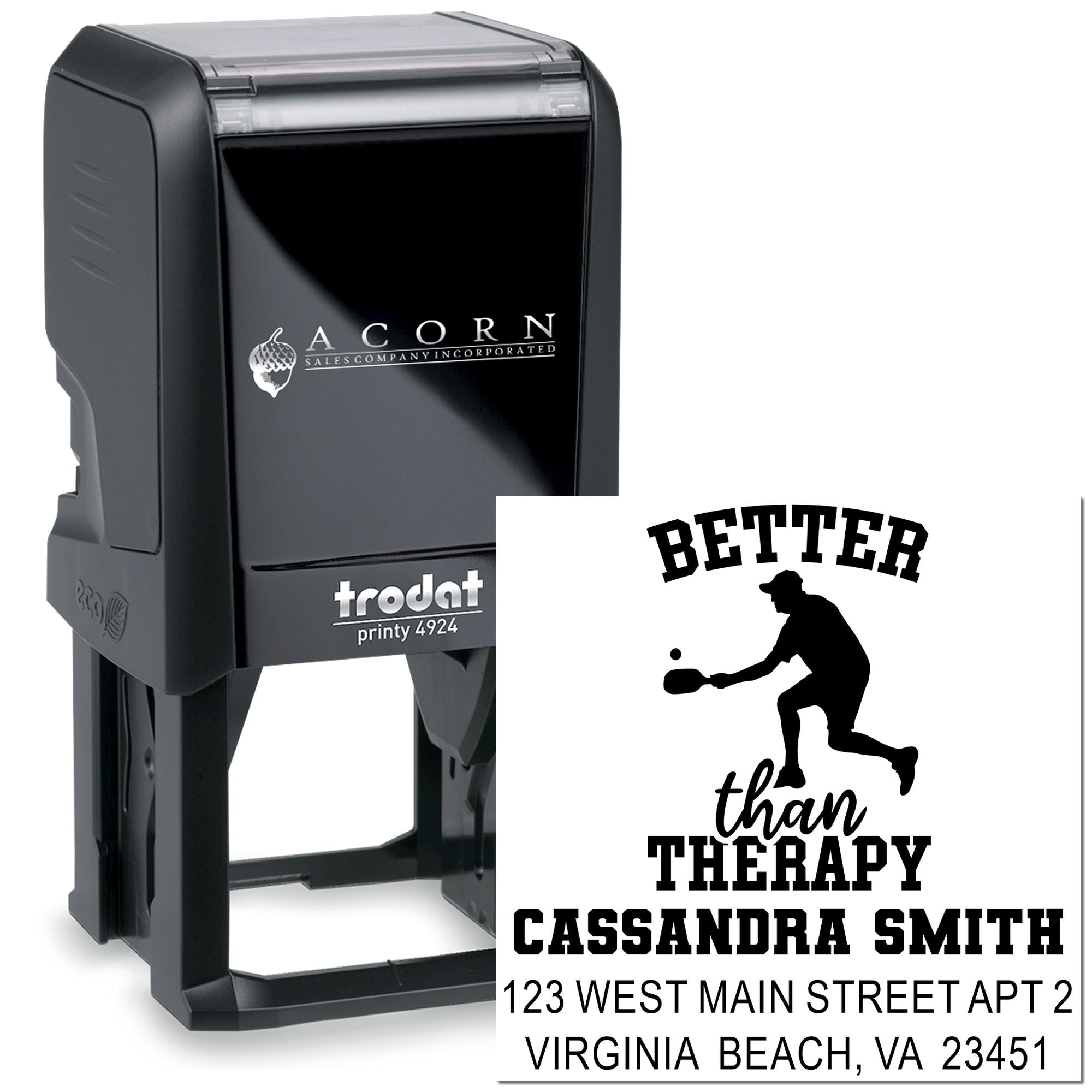 Custom self-inking rubber stamp with Better than therapy pickleball design, name, and Virginia Beach address.