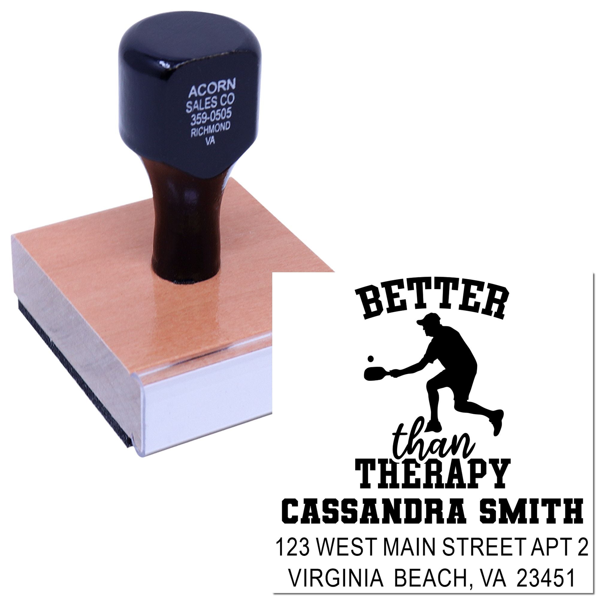 Custom rubber stamp featuring "Better Than Therapy" pickleball address design with name and Virginia Beach mailing details.