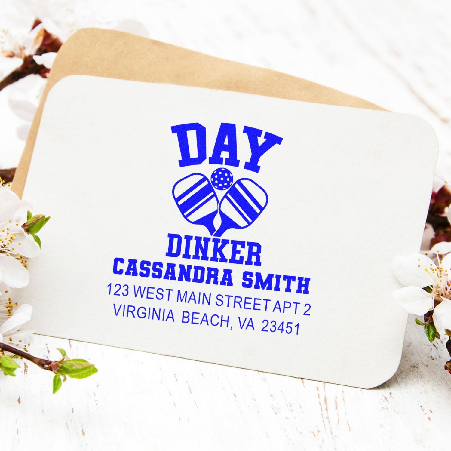 Personalized return address rubber stamp with Day Dinker design for Cassandra Smith, Virginia Beach, VA