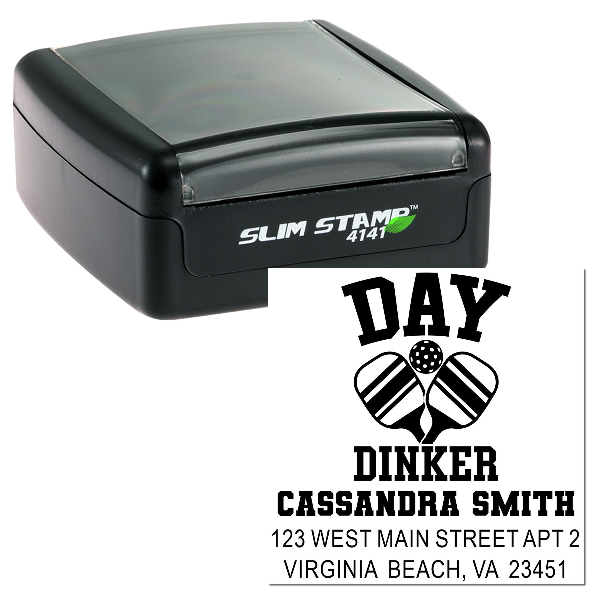Custom self-inking rubber stamp with Day Dinker pickleball logo, name, and return address for Cassandra Smith.