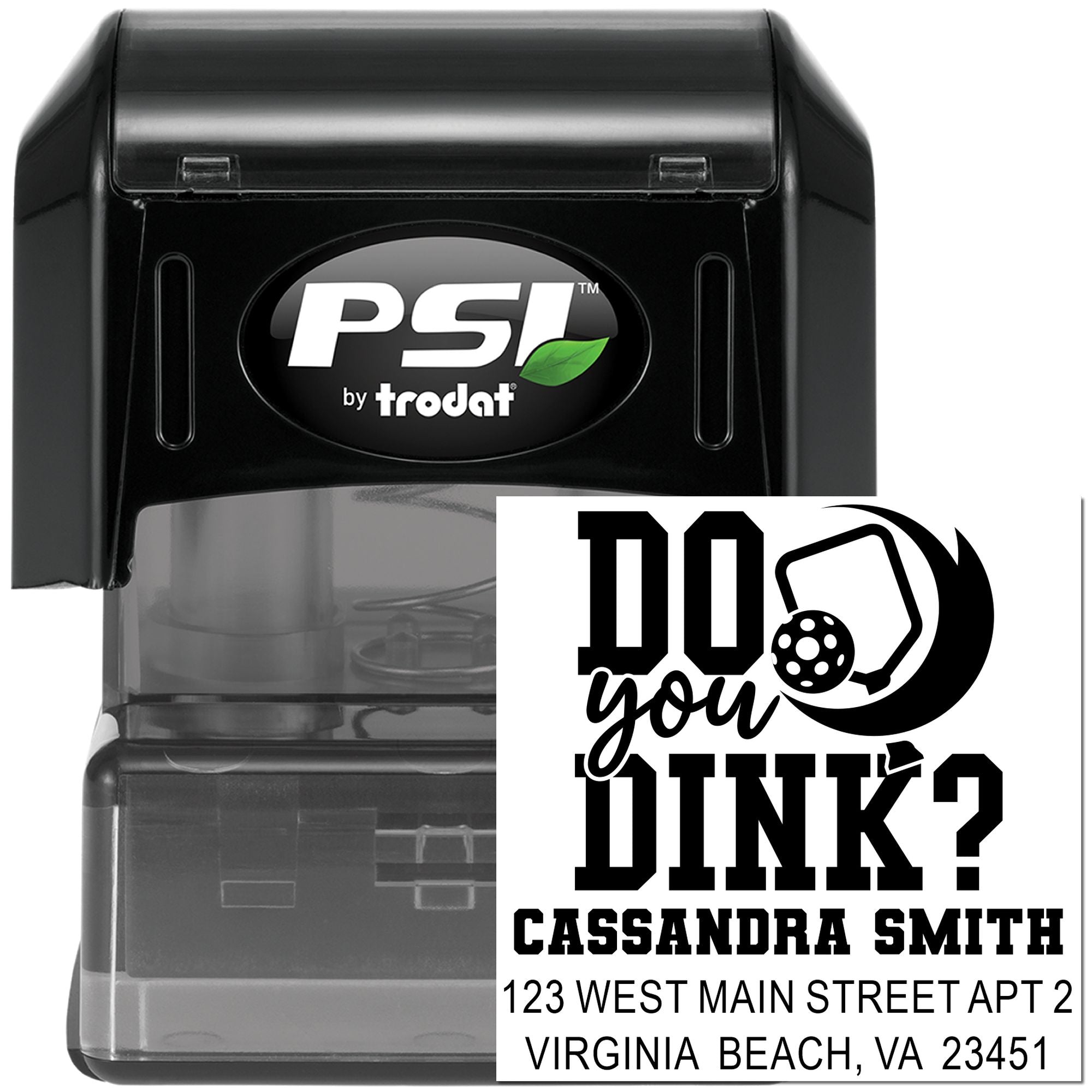 PSI by Trodat self-inking address stamp with custom DINK name and mailing address design for personalized envelopes.