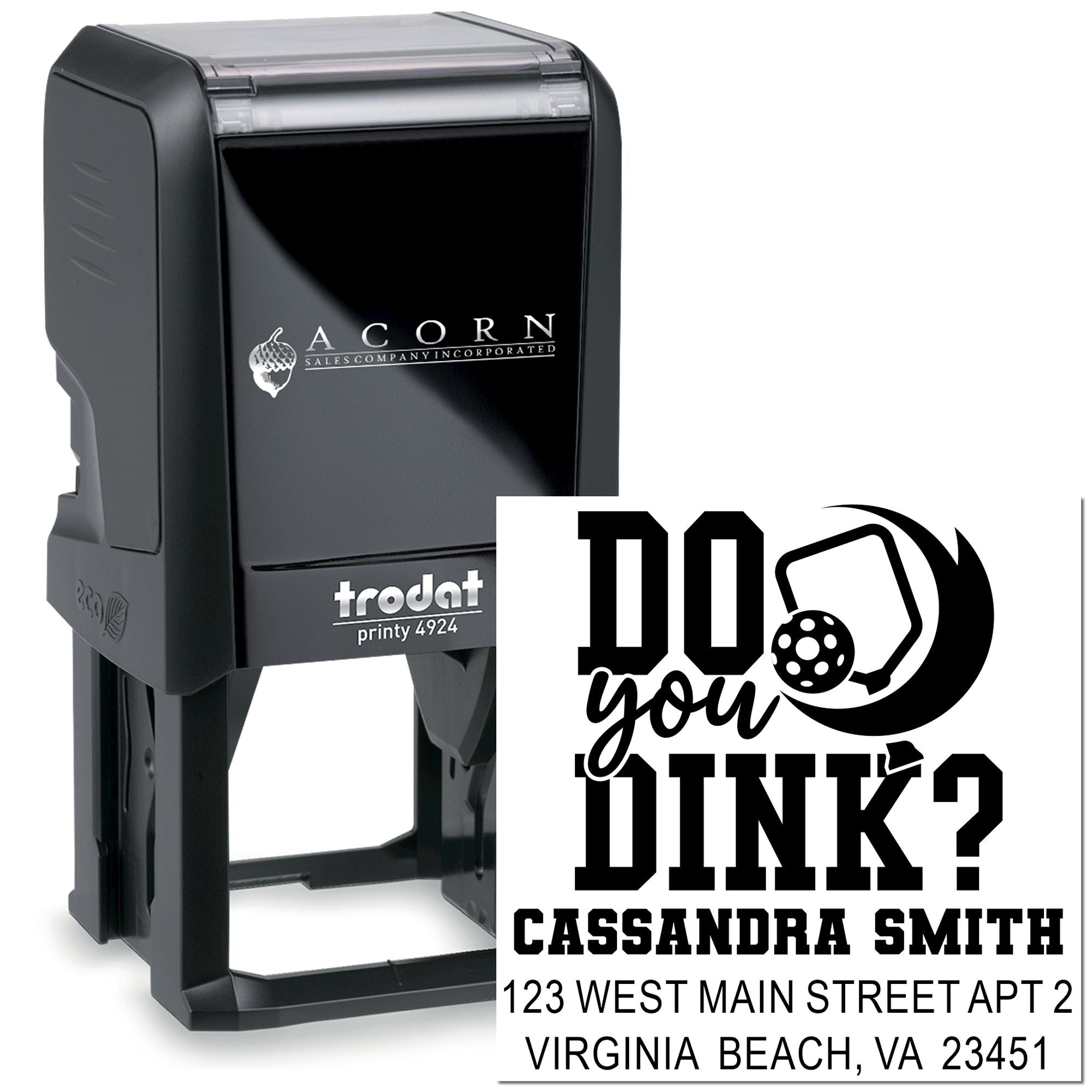 Custom self-inking address stamp with pickleball Do You Dink? design, personalized name and address for return mail.
