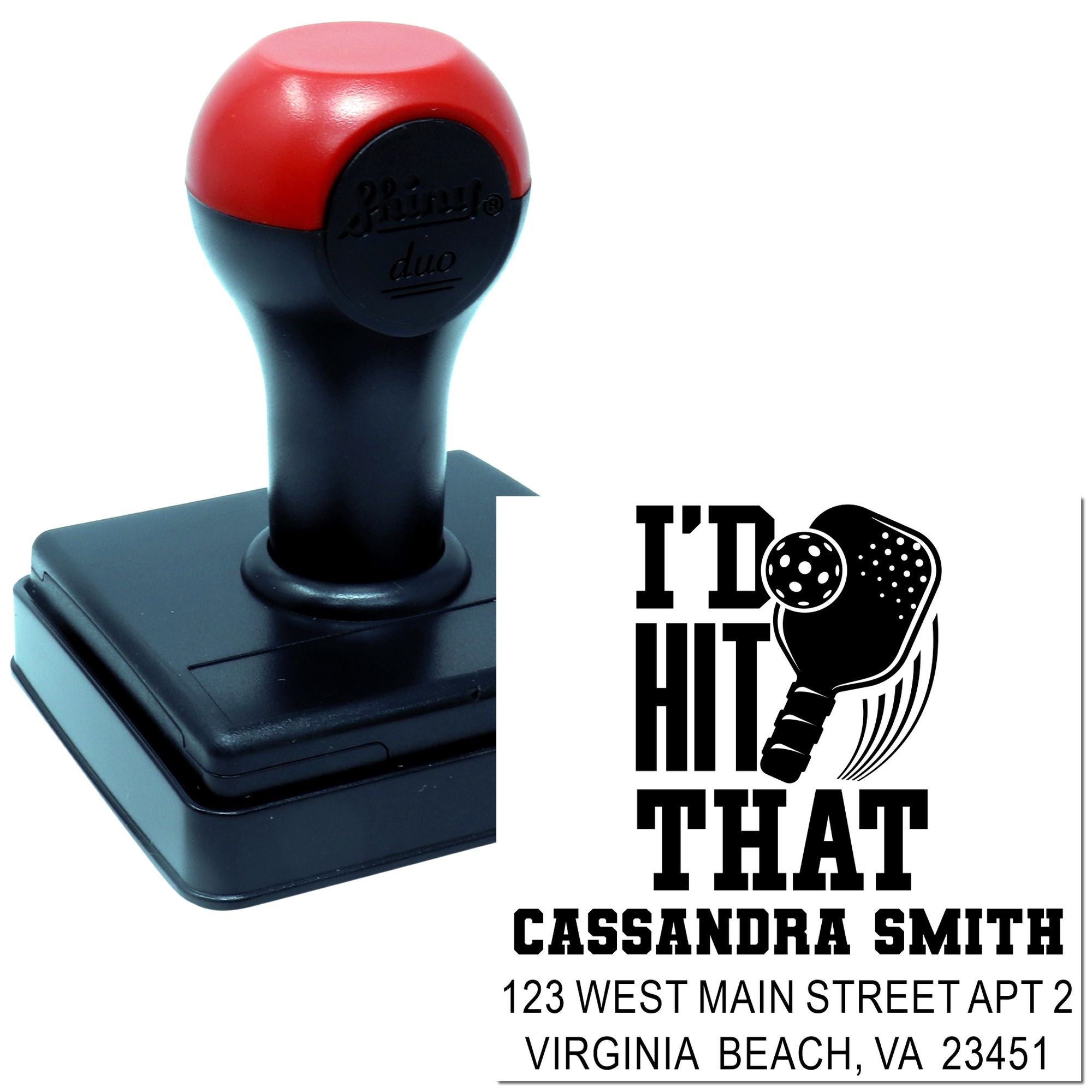 Custom self-inking rubber stamp with pickleball Id Hit That return address design for Cassandra Smith