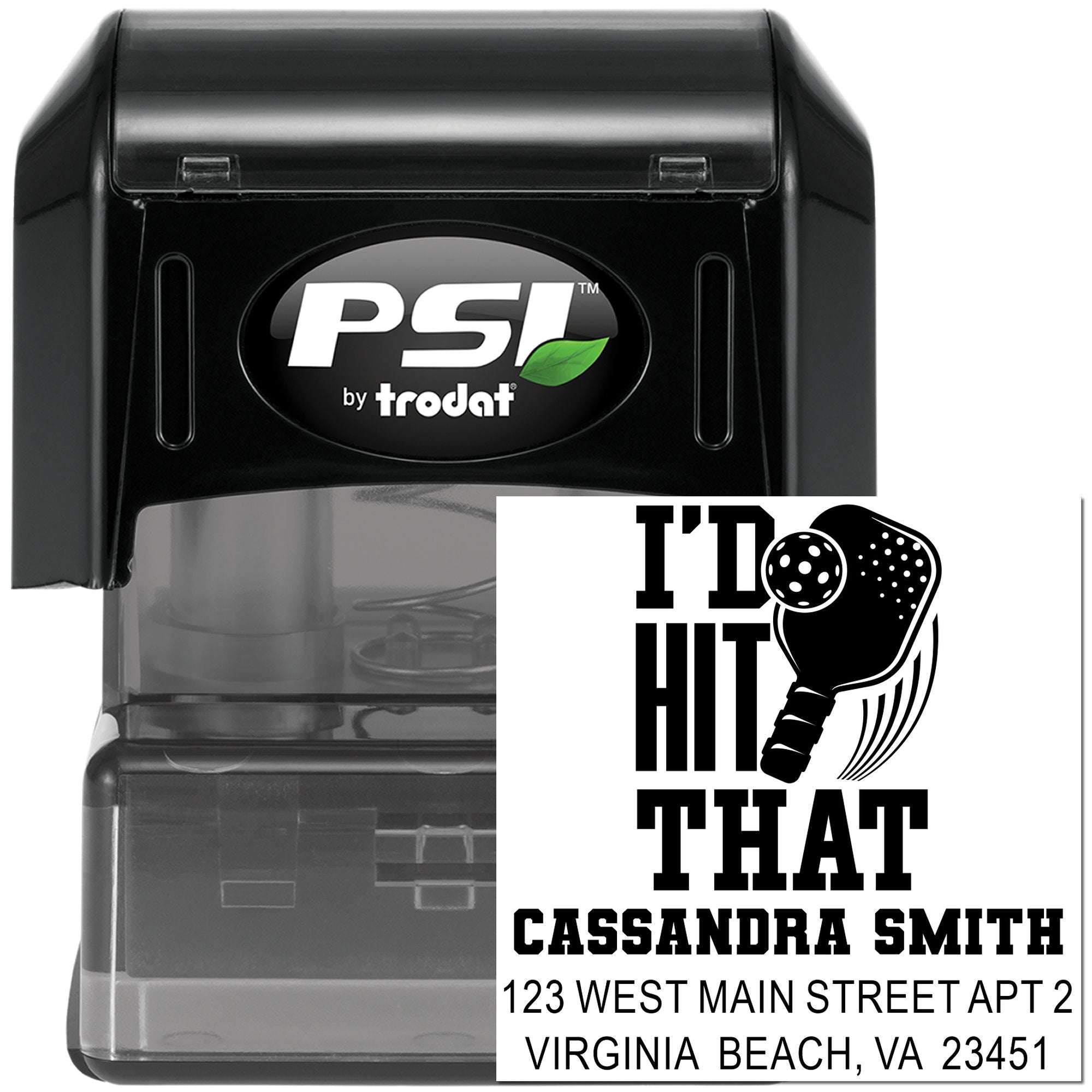 PSI by Trodat self-inking rubber address stamp with pickleball Id Hit That custom name and address design.