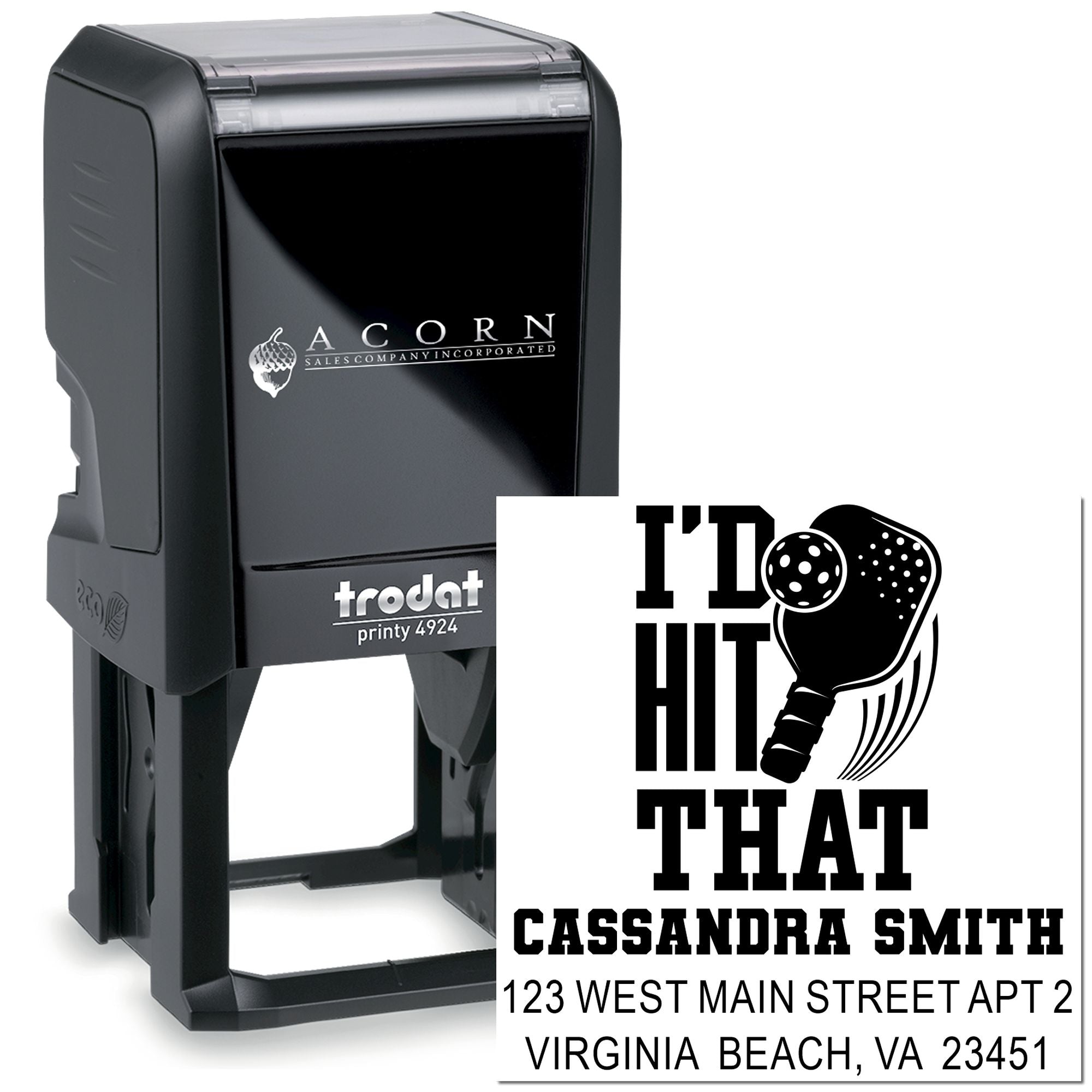 Custom self-inking rubber stamp with Id Hit That golf design and return address imprint for personalized address stamping.