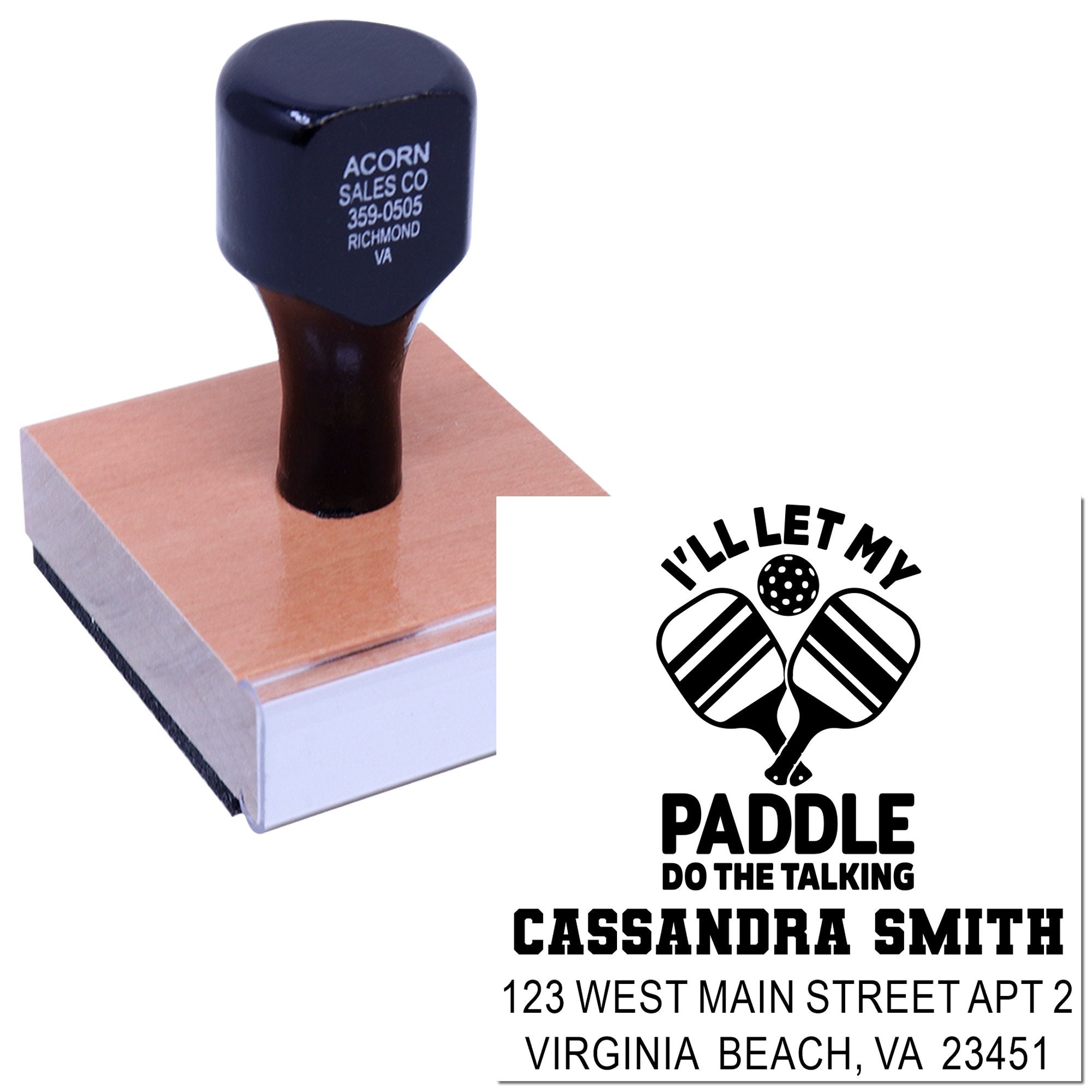 Custom return address rubber stamp for pickleball players with paddle-themed name and address imprint.
