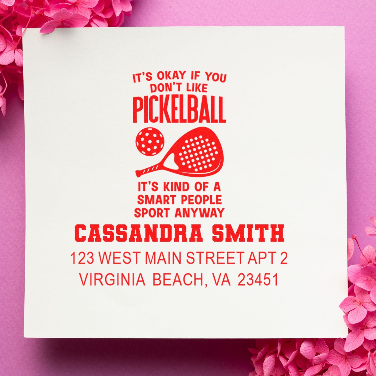 Custom pickleball address rubber stamp with funny quote, name, and Virginia Beach return address for mail and packaging.