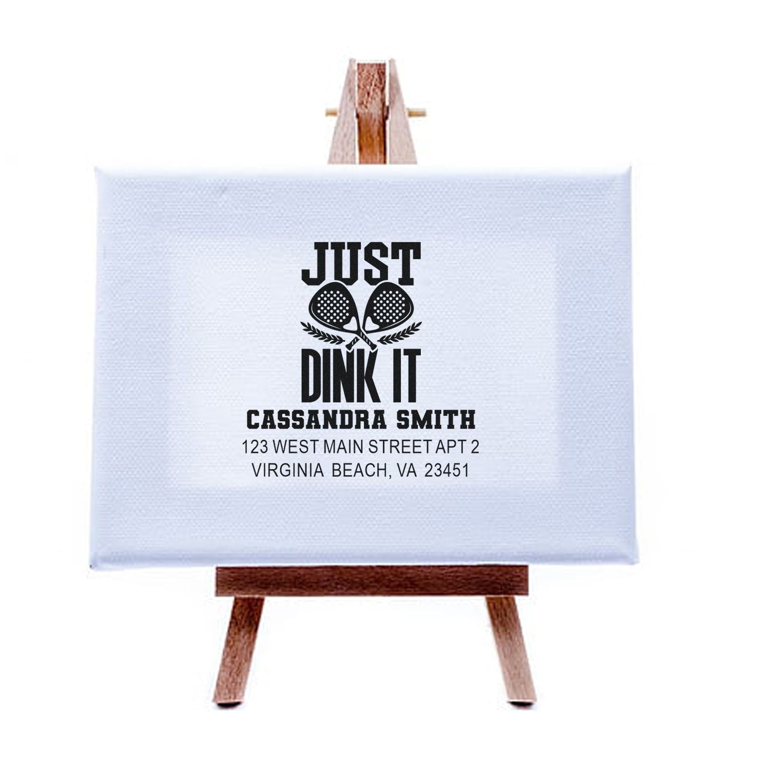 Personalized pickleball address rubber stamp with Just Dink It, Cassandra Smith, and Virginia Beach return address.