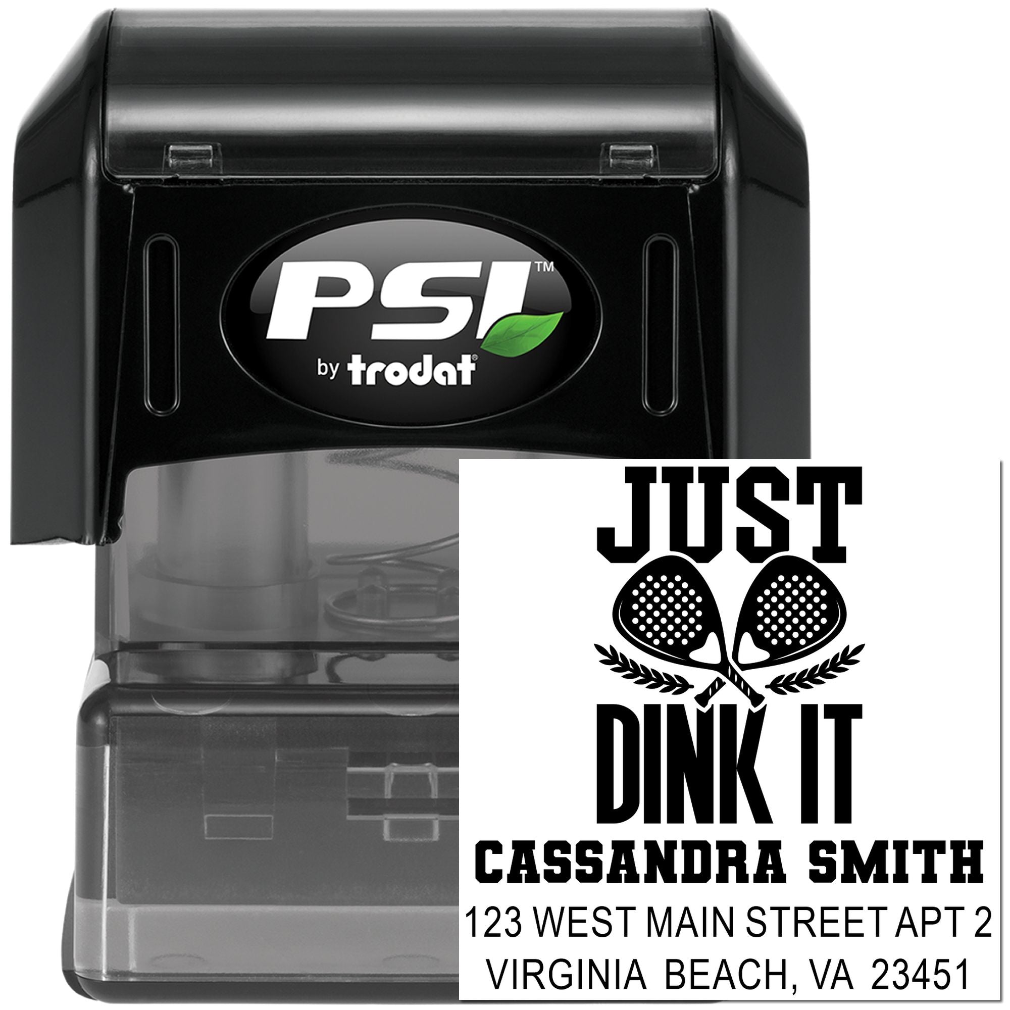 Custom self-inking rubber address stamp by PSI Trodat with Just Dink It golf design and personalized name and address.