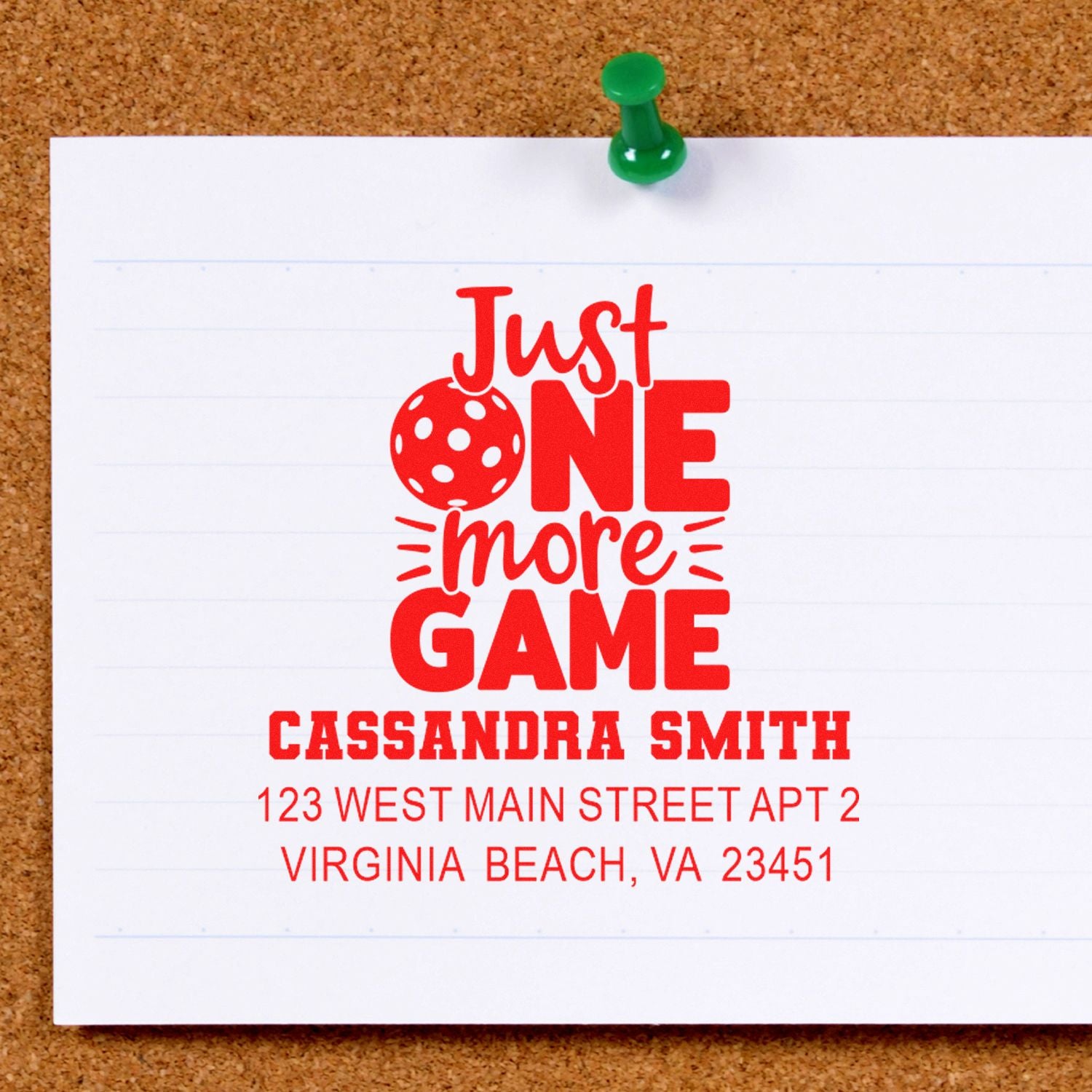 Personalized rubber stamp impression with Just One More Game design, Cassandra Smith name, and Virginia Beach address.