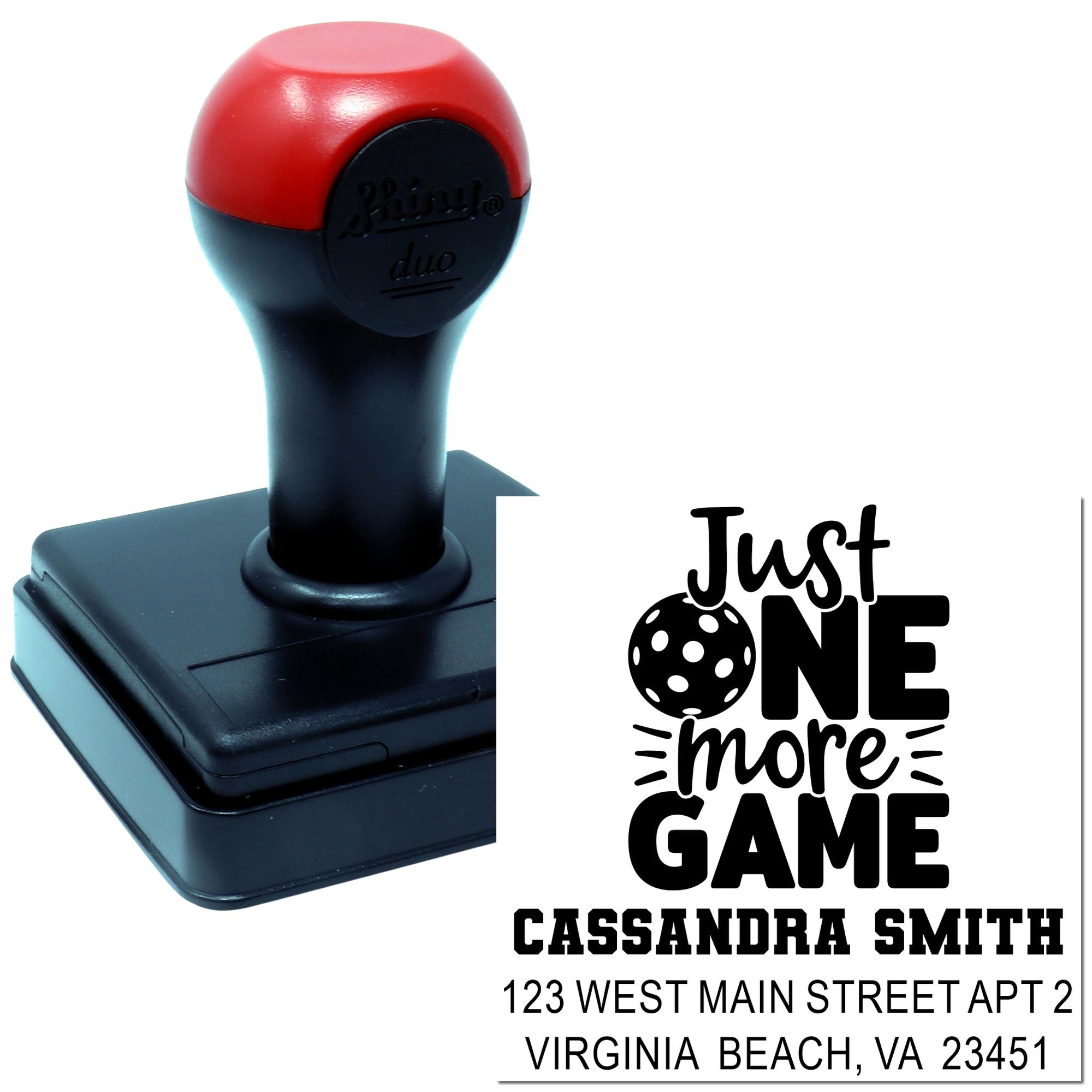 Custom self-inking rubber stamp with Just One More Game gamer design, name, and address imprint.