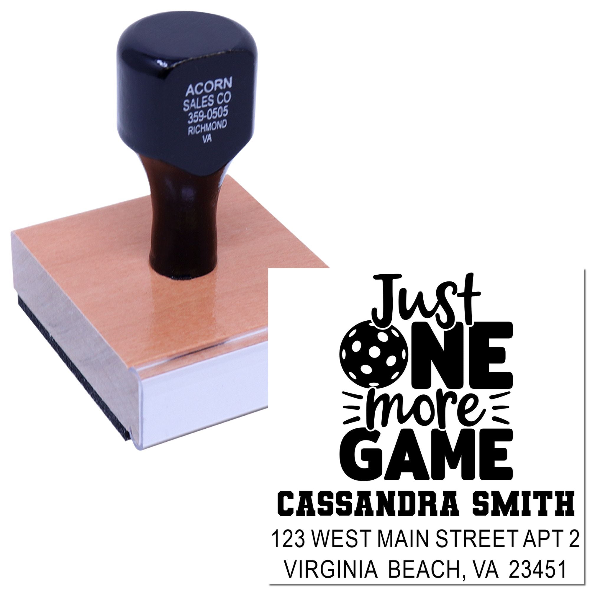 Wood-mounted custom rubber stamp with Just One More Game return address design