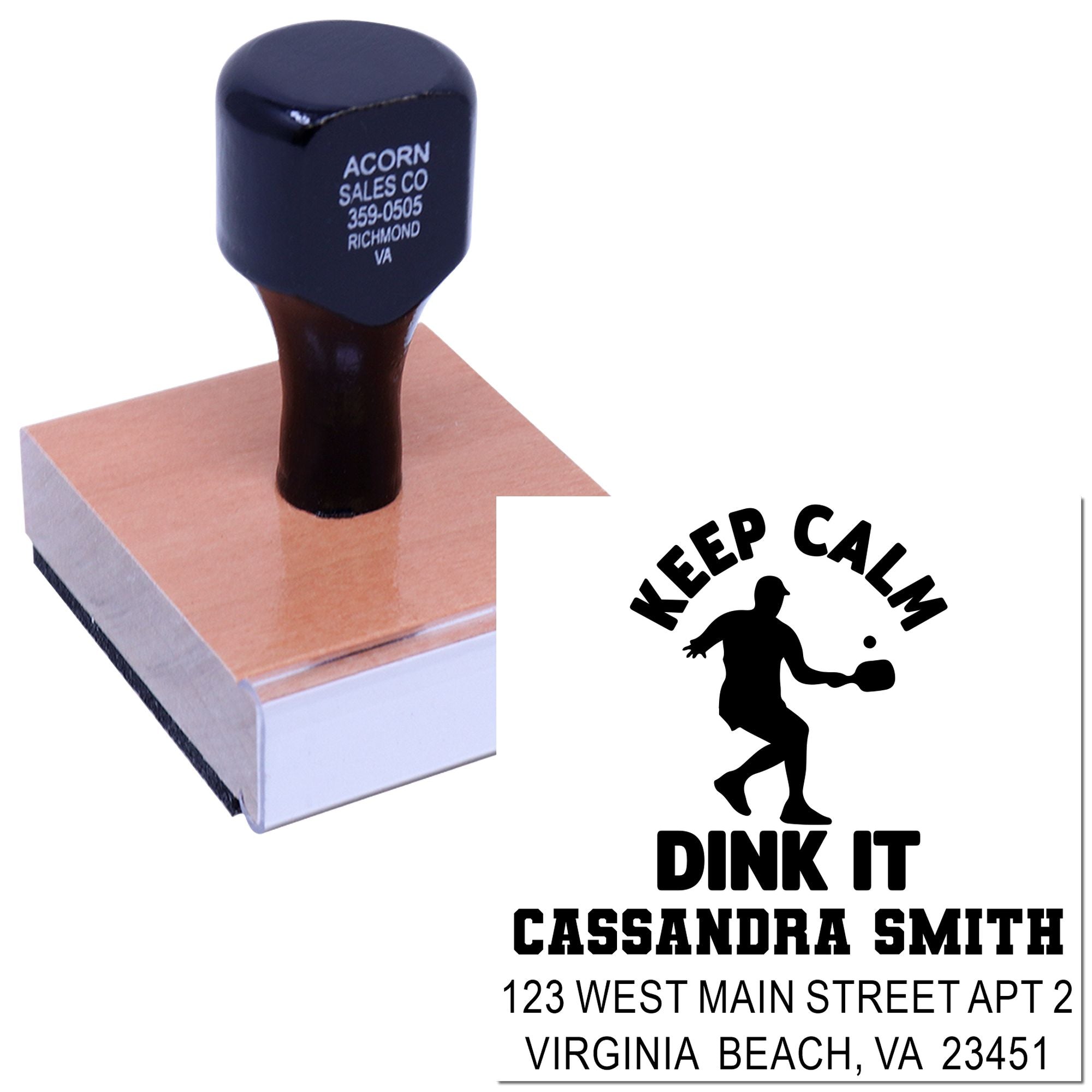 Custom rubber stamp showing Keep Calm and Dink It pickleball address design for personalized mailing.
