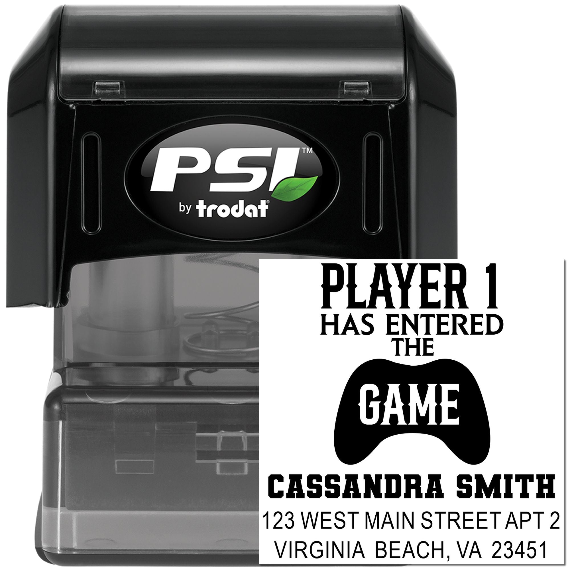 Custom self-inking rubber stamp by PSI/Trodat with gamer design, personalized Player 1 Has Entered the Game name and address.