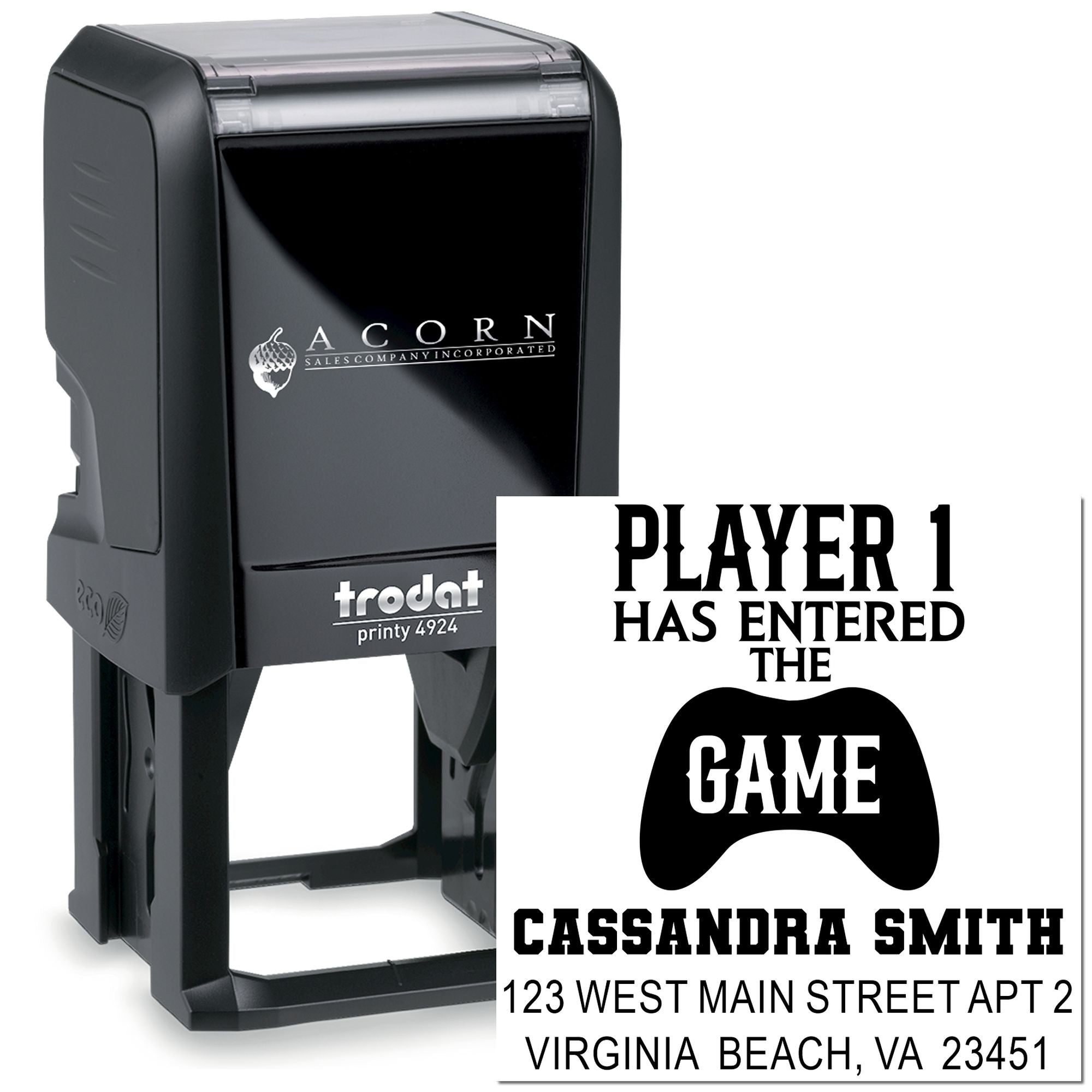 Custom self-inking rubber stamp with Player 1 Has Entered the Game imprint for personalized gamer or sports team branding