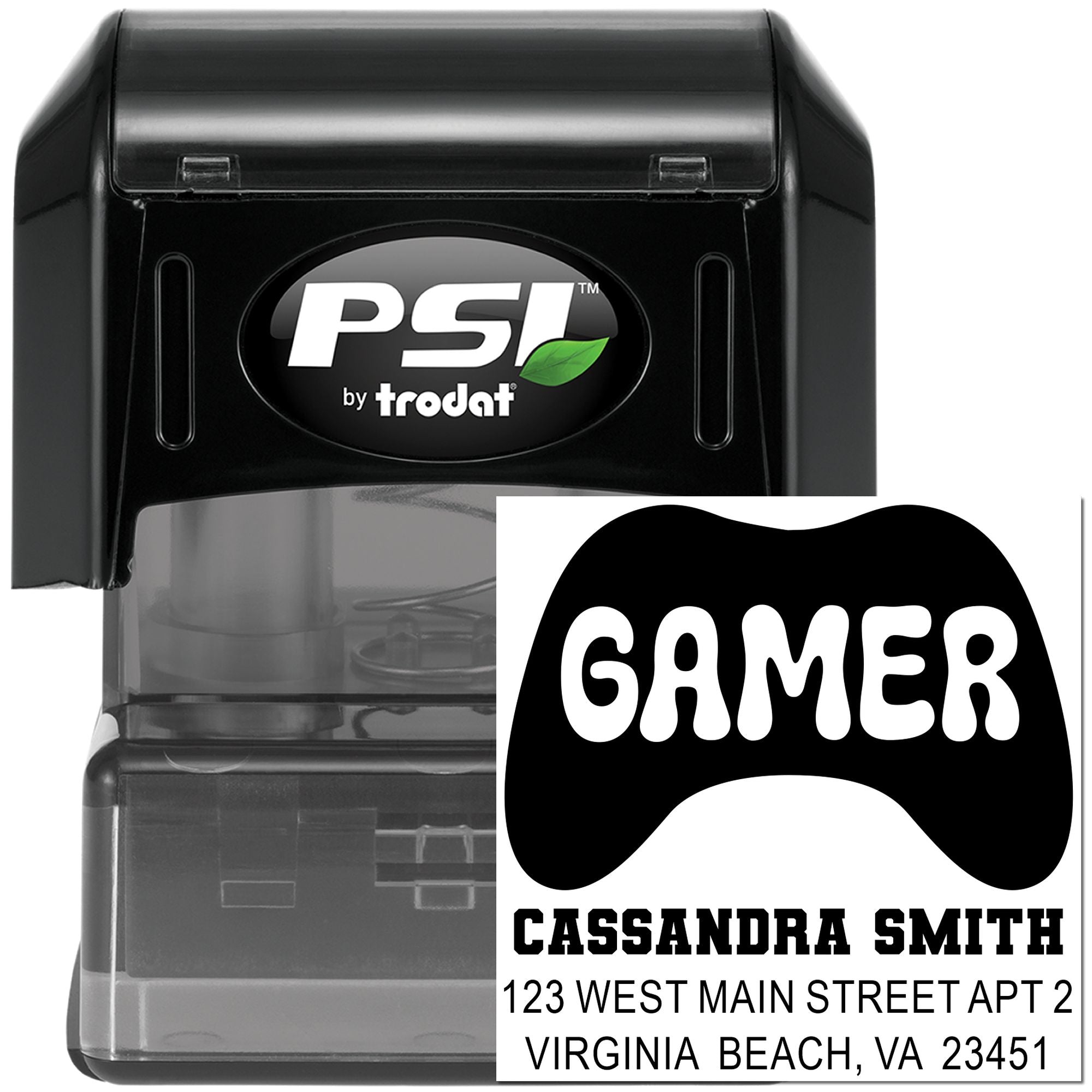 Personalized gamer return address rubber stamp, PSI by Trodat self-inking stamp with custom controller design and address imprint.