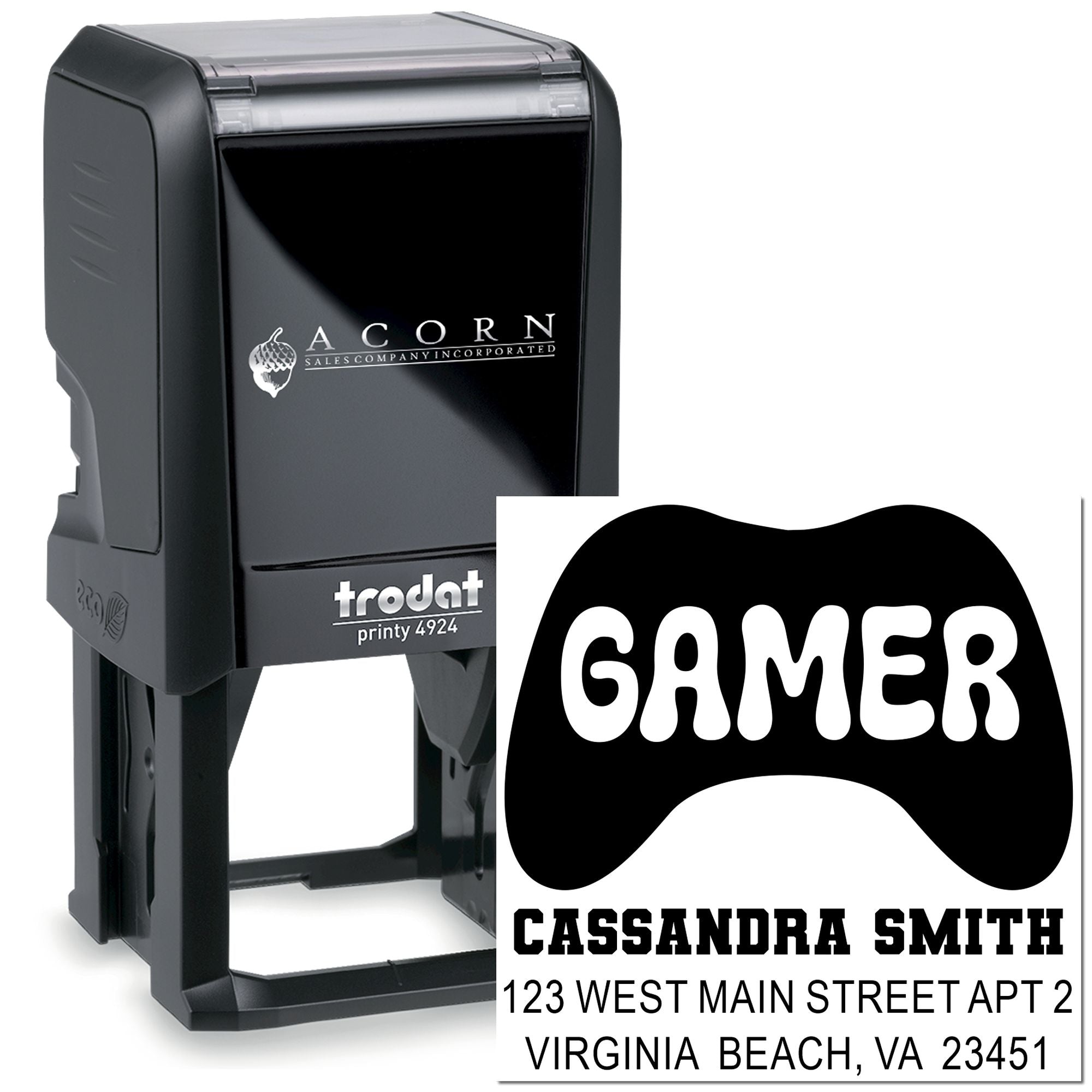 Custom self-inking rubber stamp for gamers with personalized name, address and logo imprint, Trodat Printy 4924.