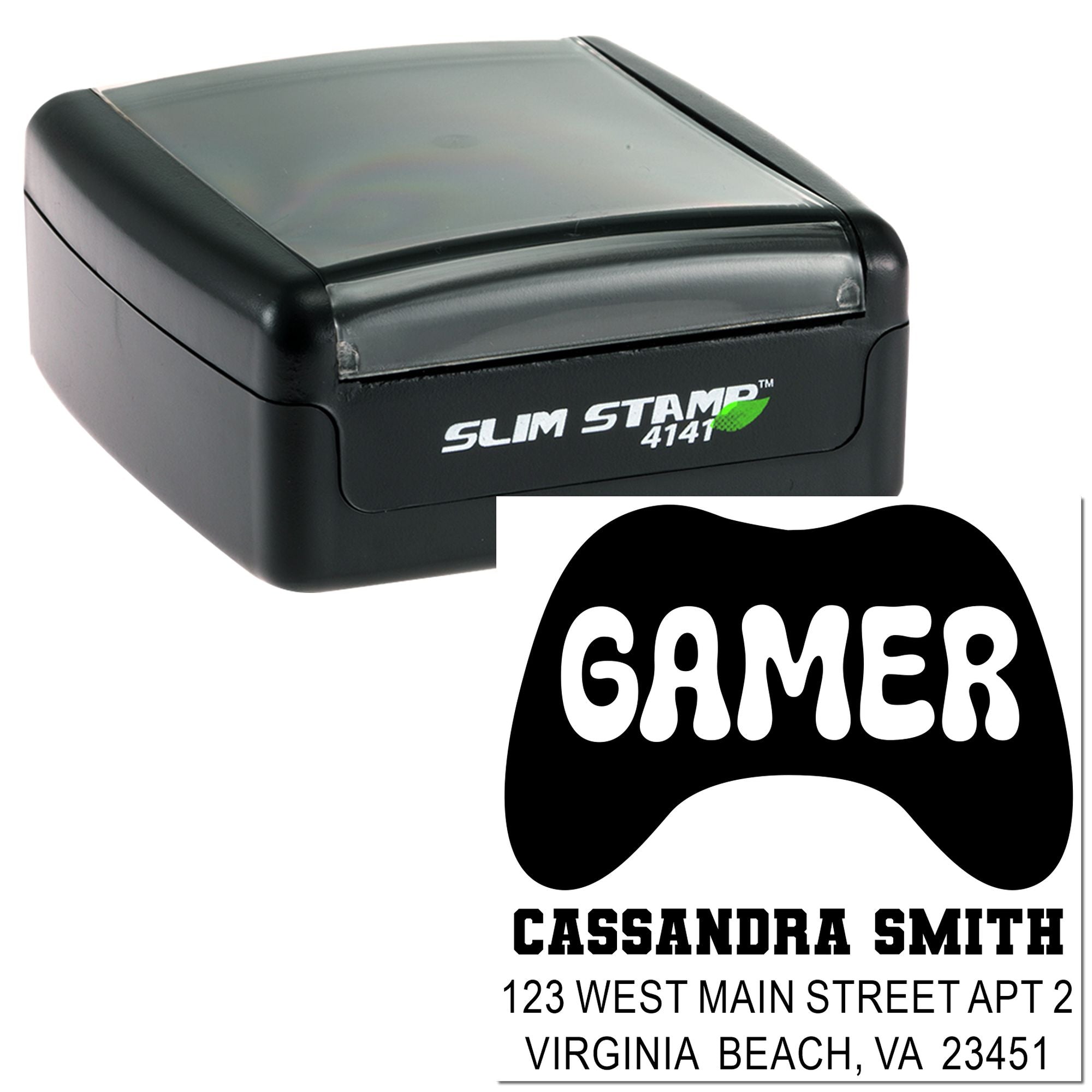 Custom gamer address rubber stamp with slim self-inking stamp and personalized return address imprint