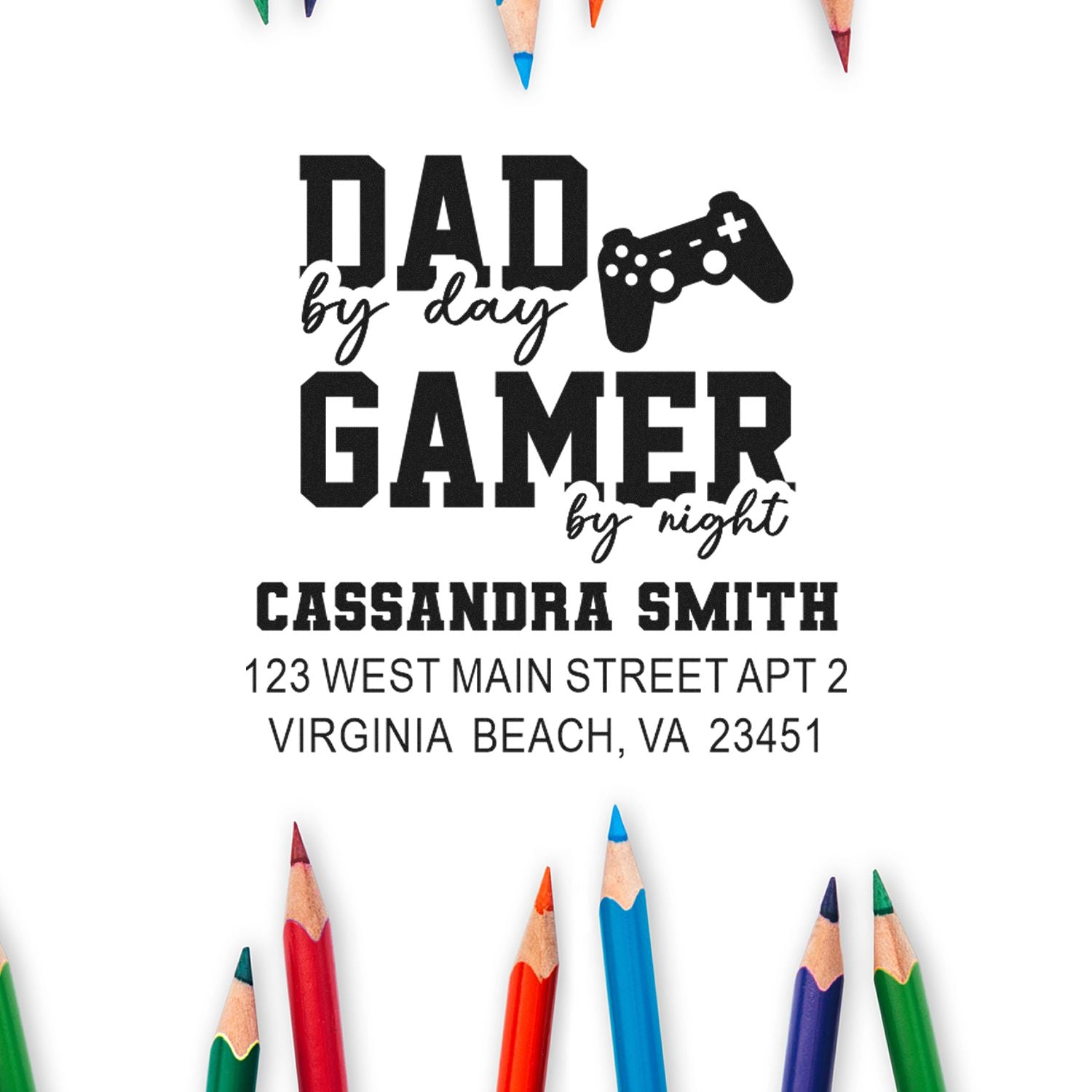 Custom gamer dad address rubber stamp design with controller icon, name, and Virginia Beach mailing address.