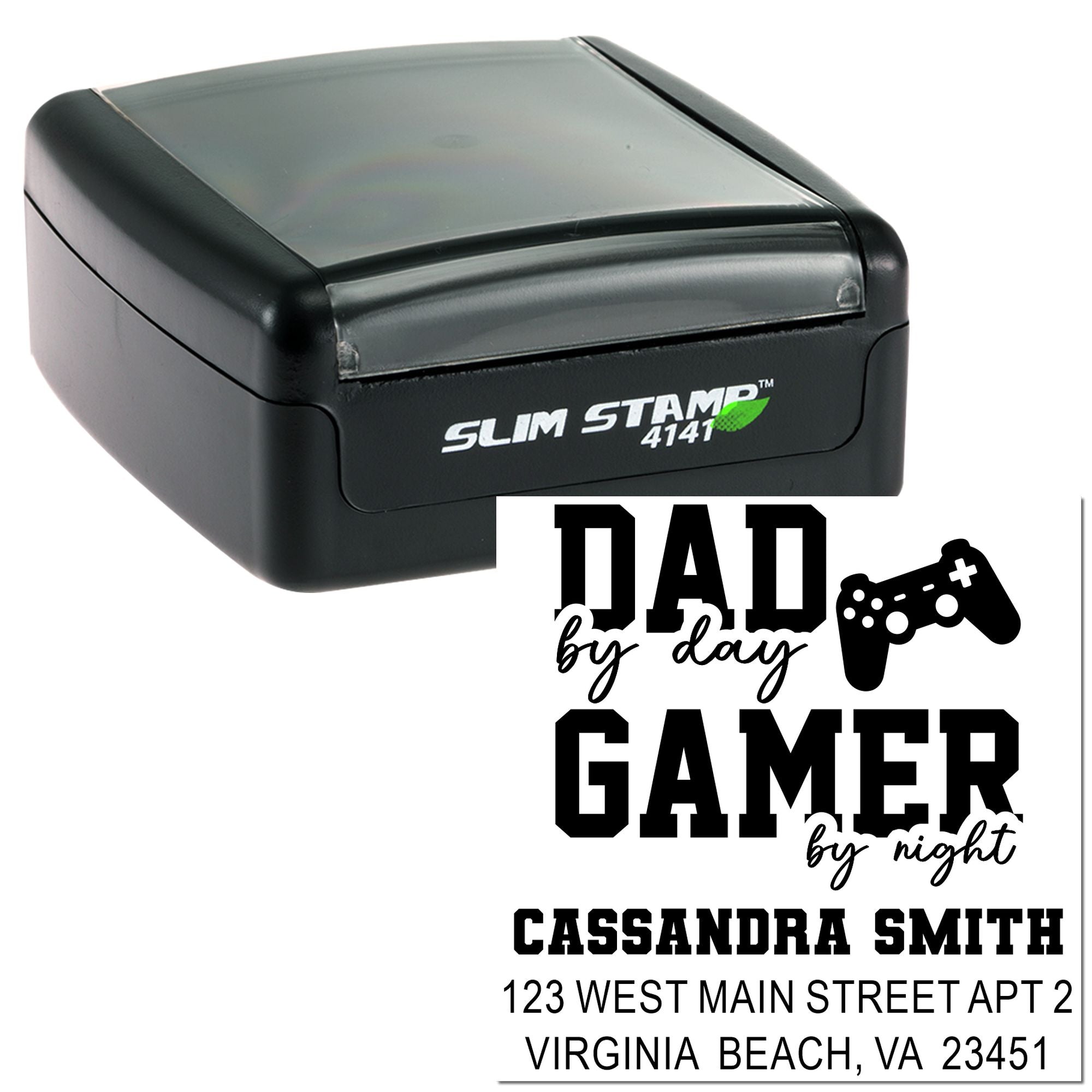 Custom self-inking rubber stamp with Dad by day, gamer by night design and return address in Virginia Beach.