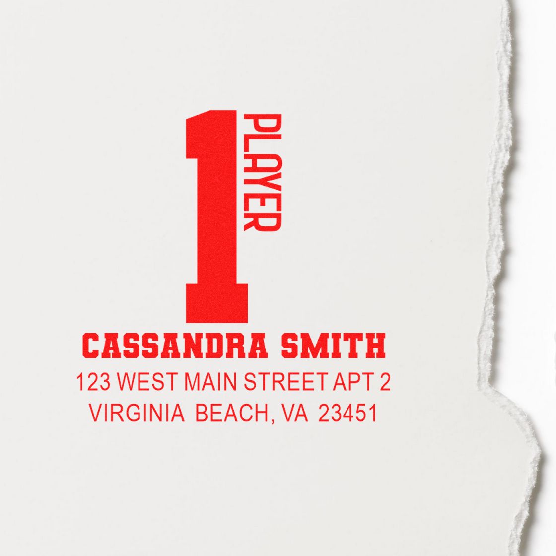 Custom 1 player rubber stamp for Cassandra Smith with Virginia Beach, VA address