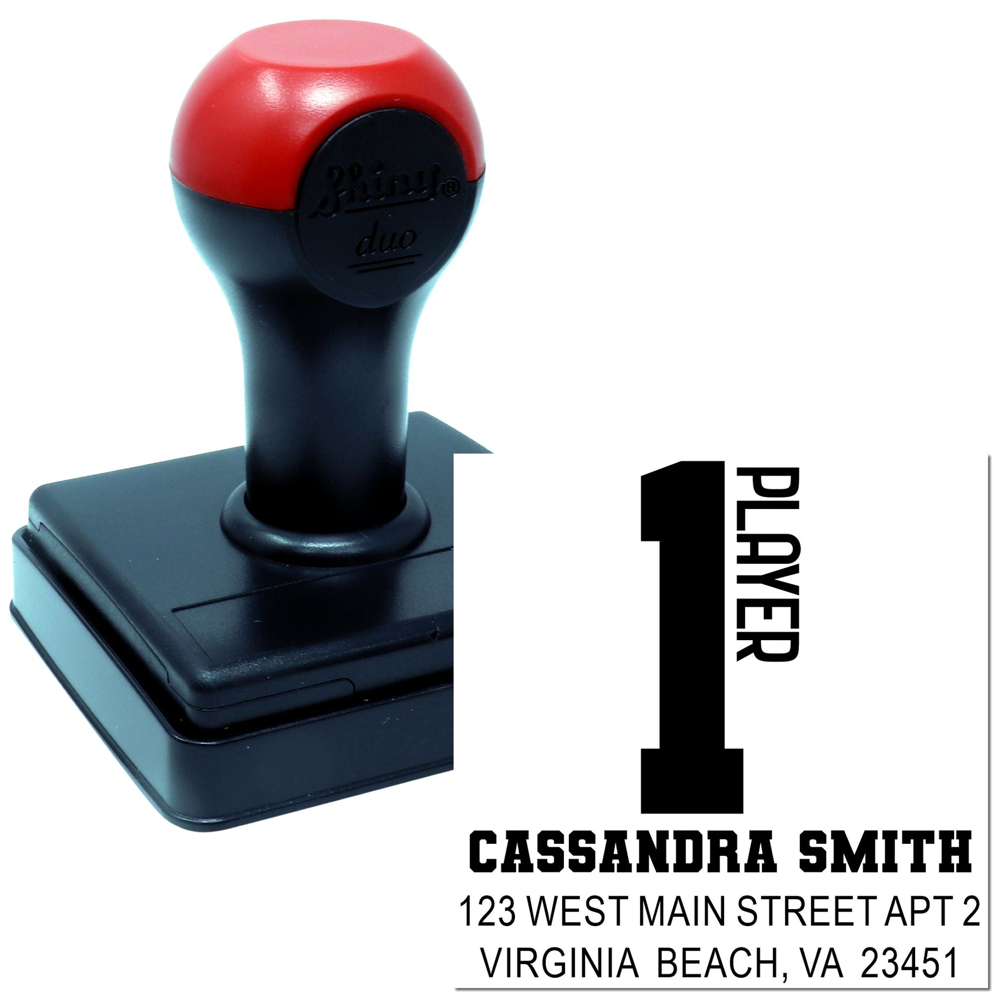 Custom self-inking rubber stamp with personalized name and address return imprint