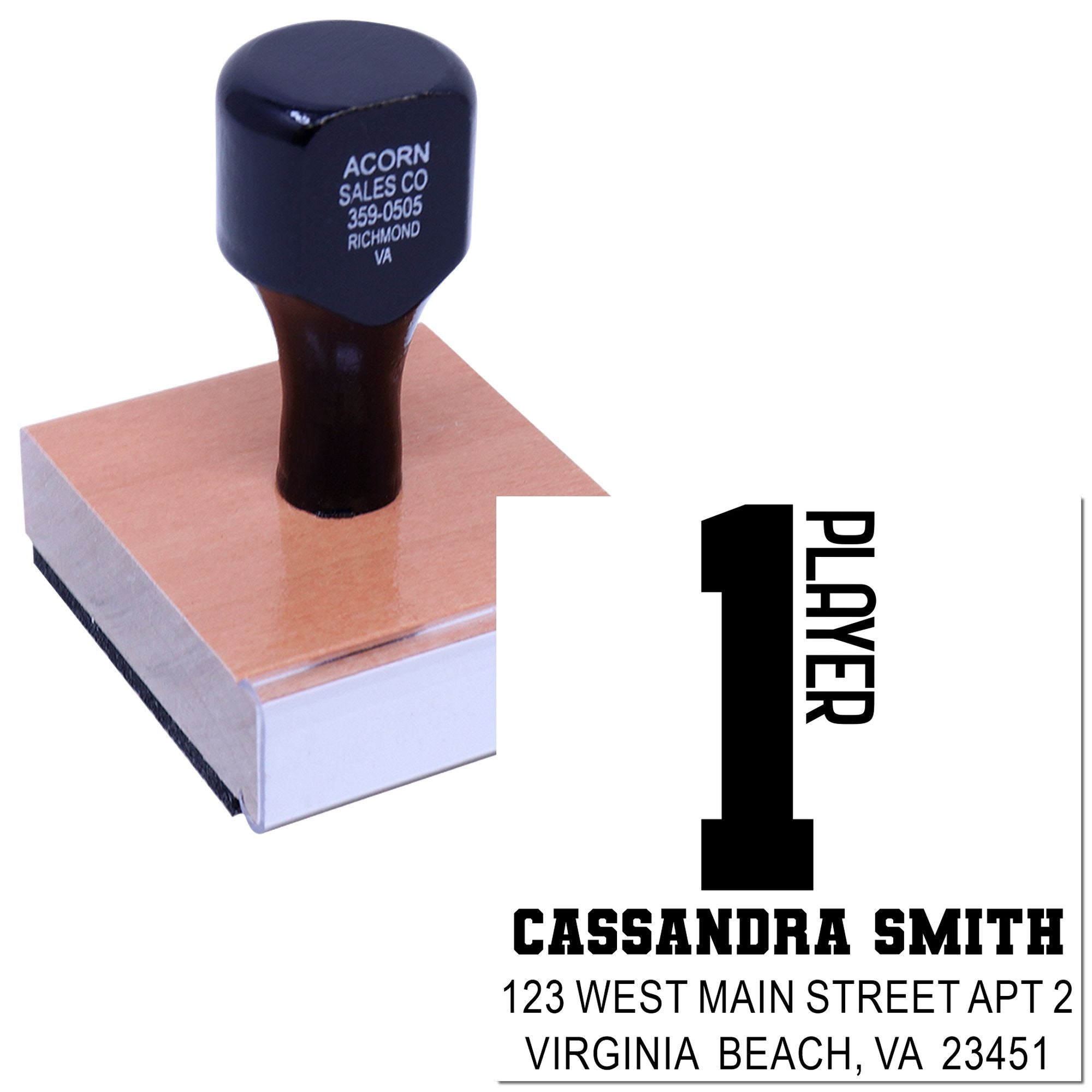 Personalized rubber stamp with 1 Player design, name, and address for custom mailing and branding.