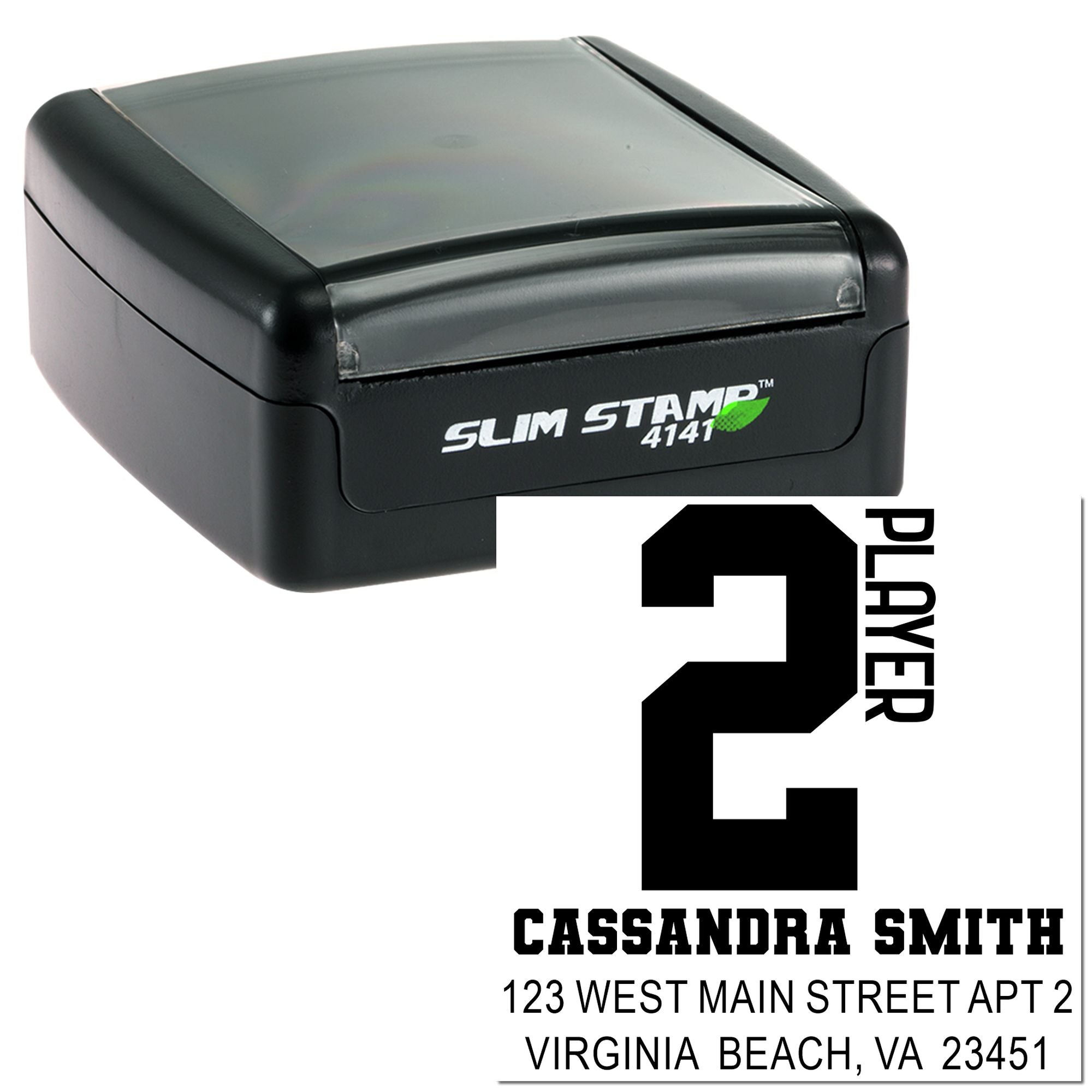 Slim Stamp 4141 custom address rubber stamp with Cassandra Smith, Virginia Beach, VA 23451 design preview
