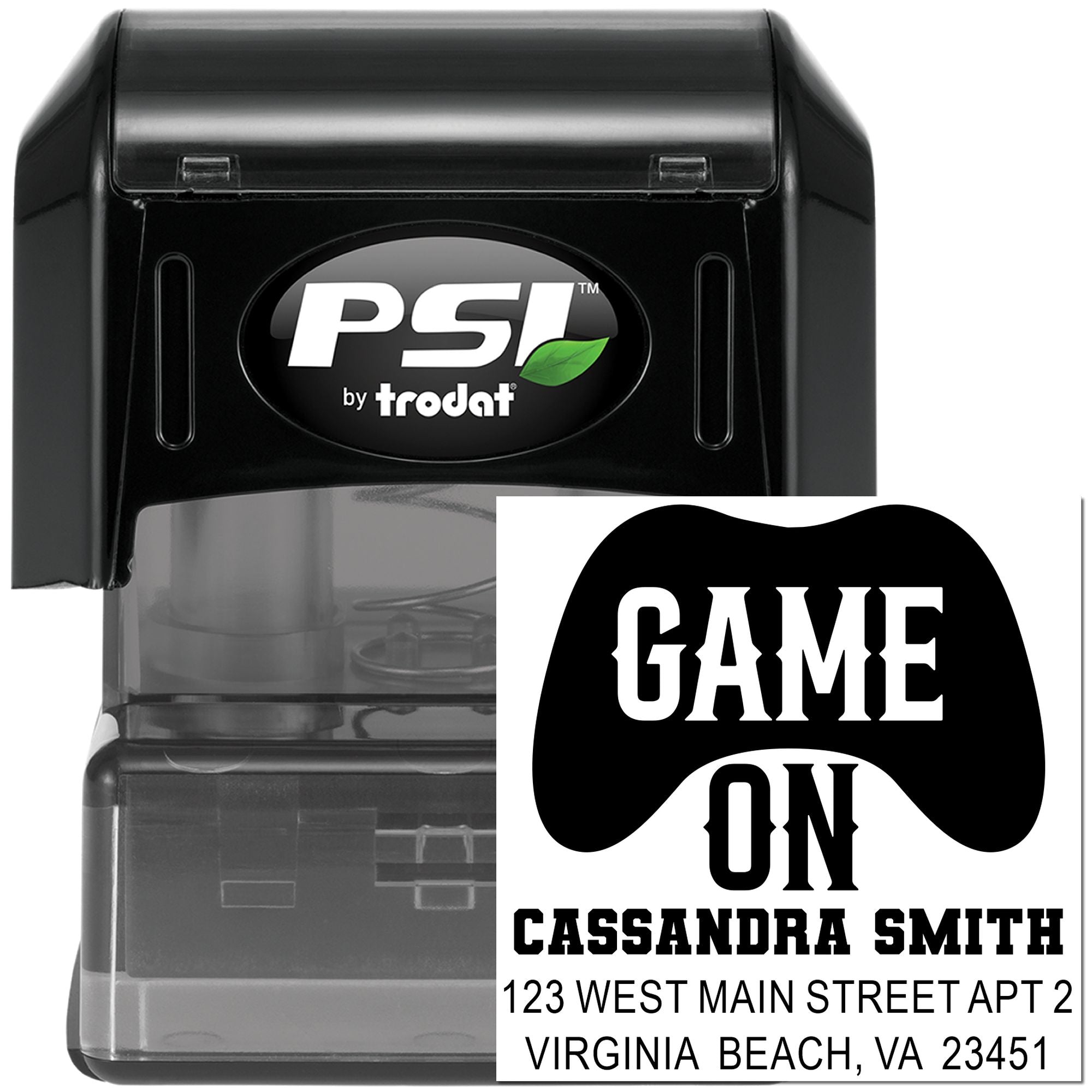 Custom self-inking rubber stamp by PSI Trodat with Game On design and personalized address for Cassandra Smith.