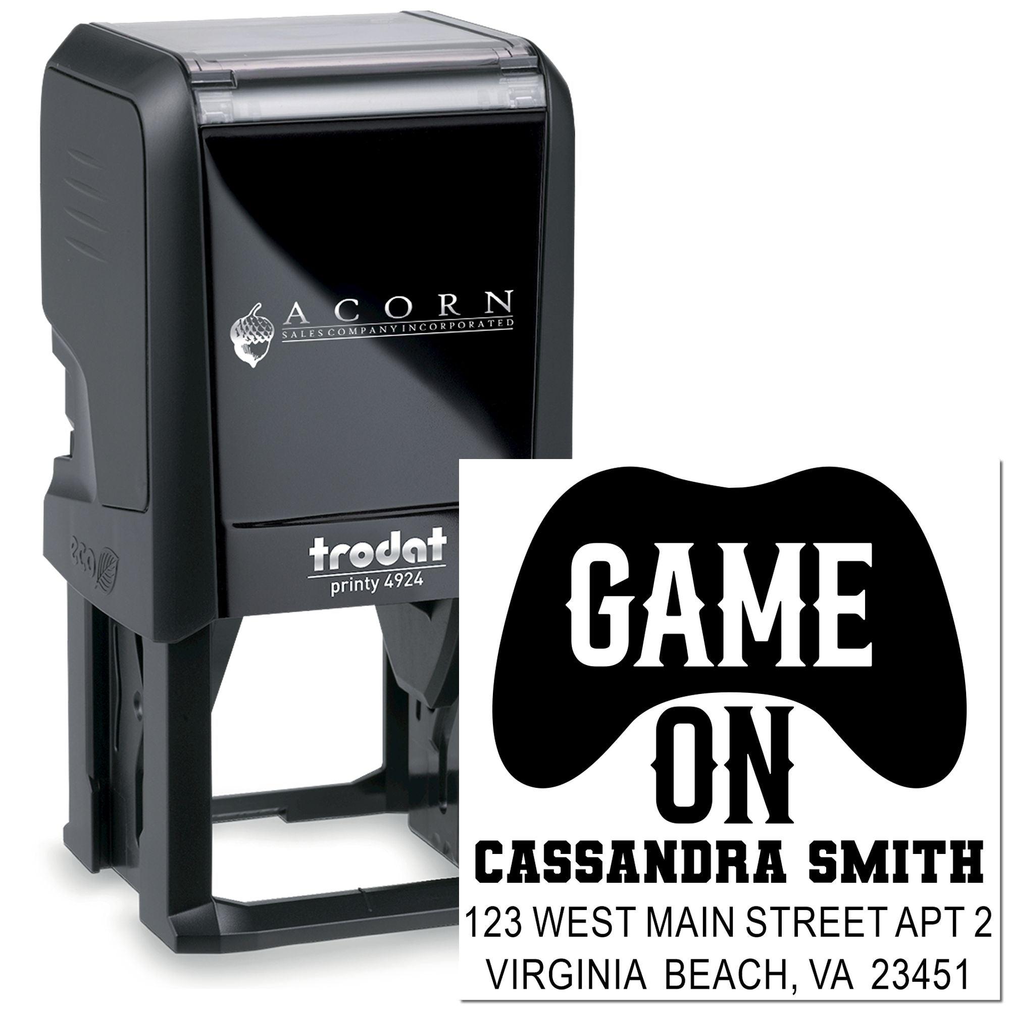 Custom self-inking rubber stamp with Game On design, name, and address imprint for personalized business or event use.