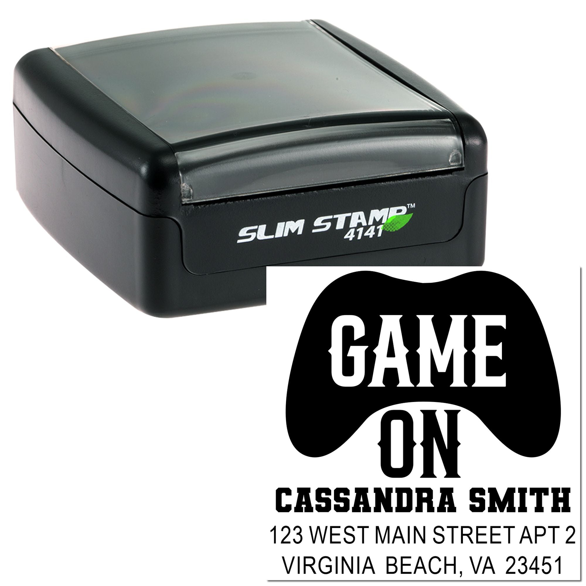 Custom Slim Stamp 4141 rubber stamp with Game On design, Cassandra Smith name, and Virginia Beach return address.