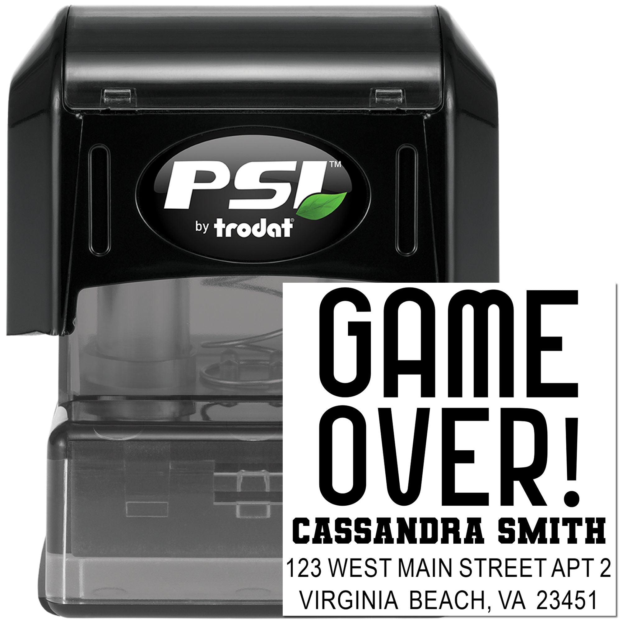 Custom self-inking rubber stamp with Game Over! design and return address for Cassandra Smith, Virginia Beach VA.