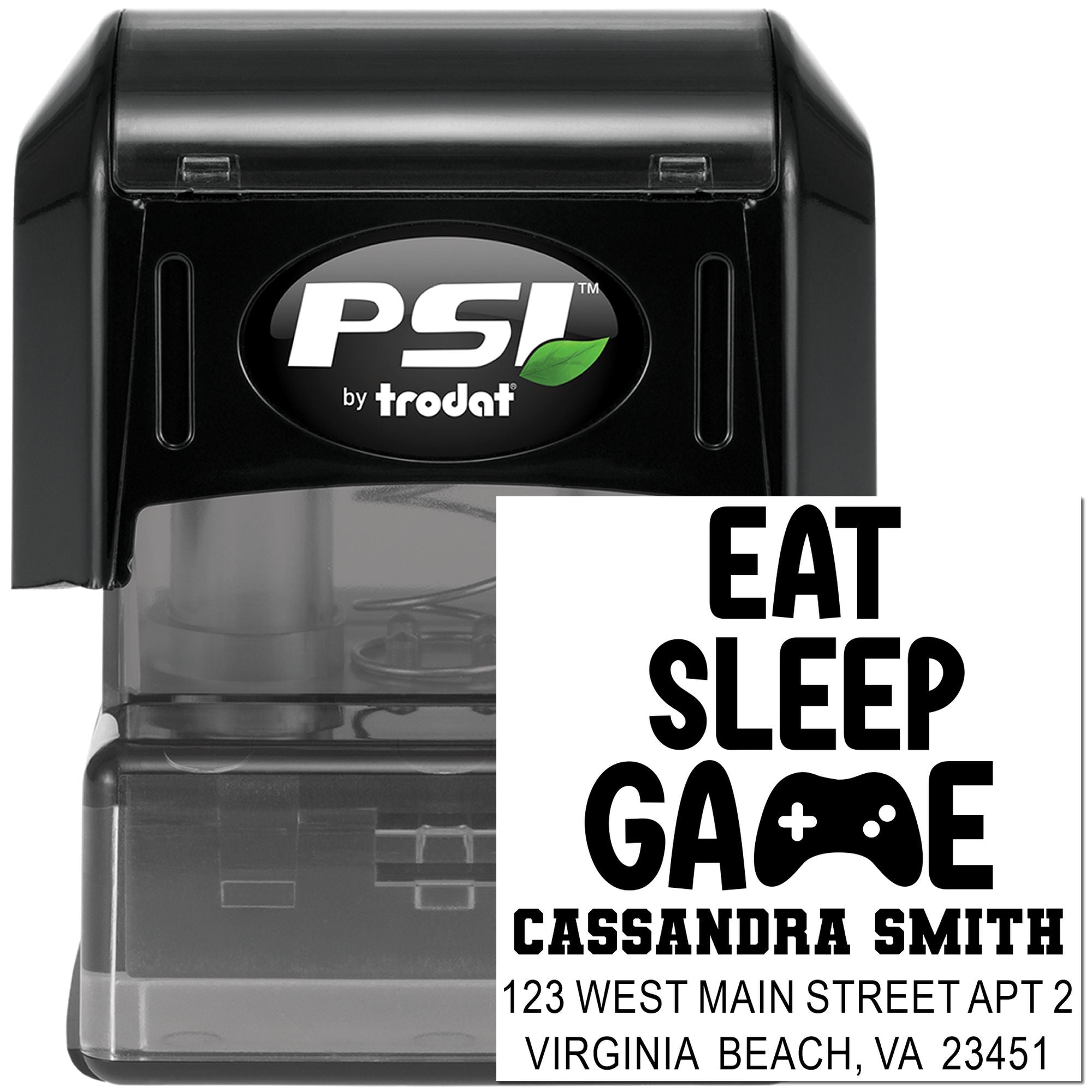 Custom self-inking rubber stamp with Eat Sleep Game design, name, and address for gamer mail and labeling.
