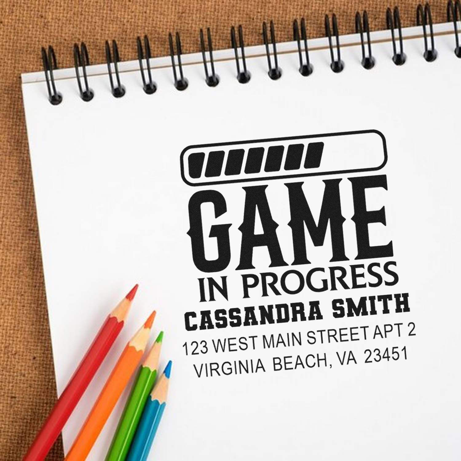 Custom Game in Progress rubber stamp with name and address for teachers, coaches, and office notices.
