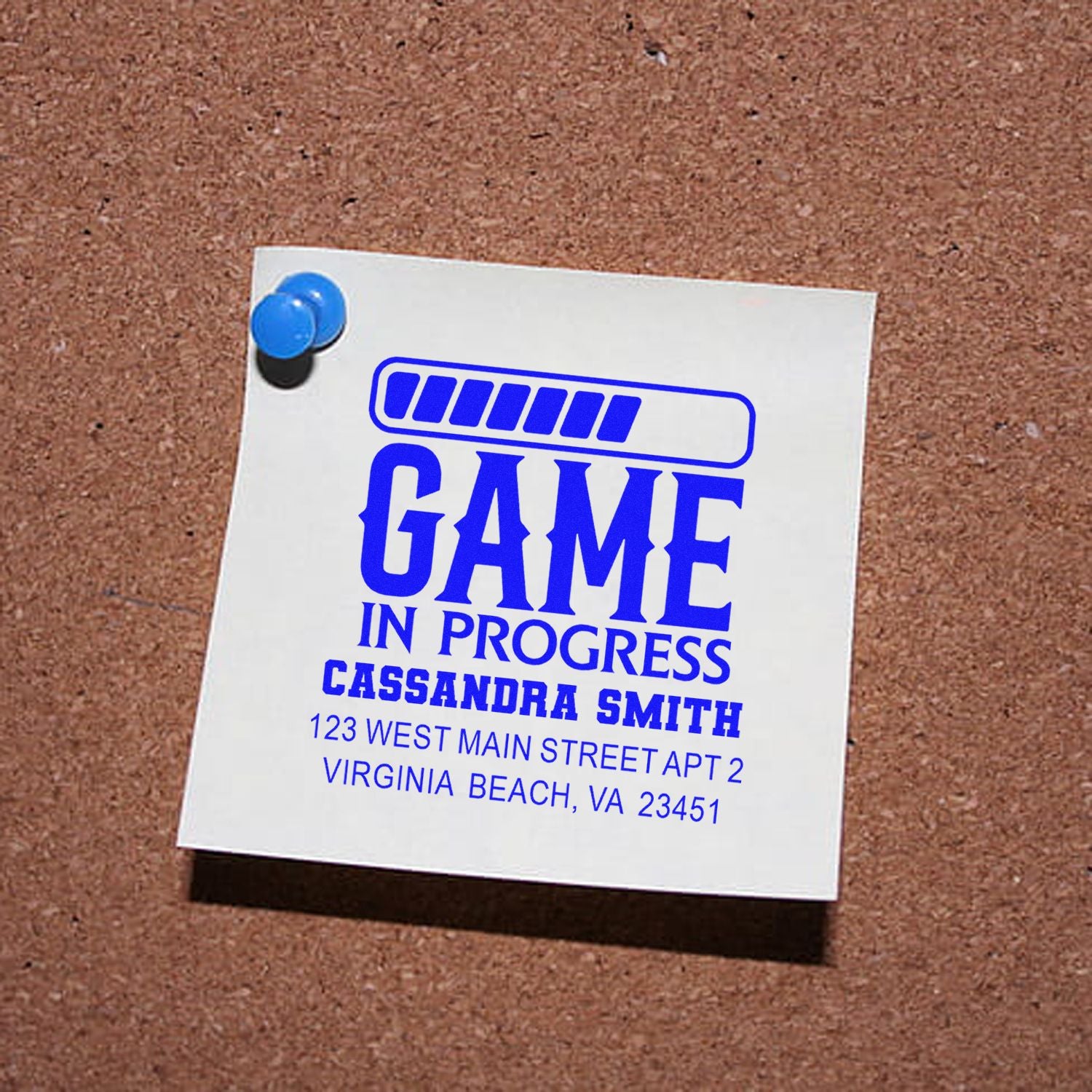 Personalized Game In Progress rubber stamp with name and address for event or home notices